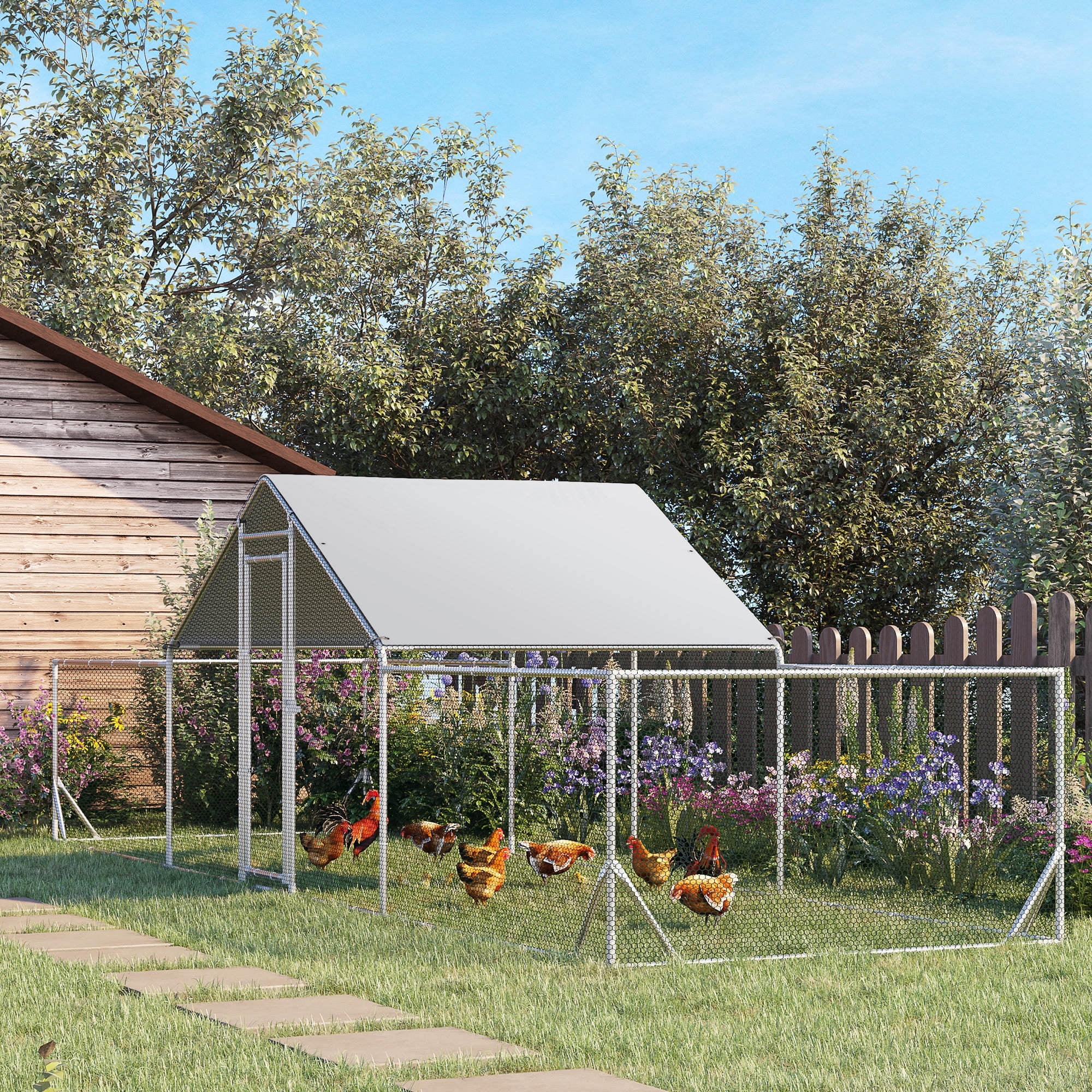 Large Silver Metal Chicken Coop with Weather-Resistant Cover, 23' x 6.6'