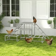 PawHut Chicken Toys for Coop, Chicken Swing Set Chicken Coop Accessories for Poultry Run with Wood Stand, Ladder Platforms for 10-15 Chickens, Gray