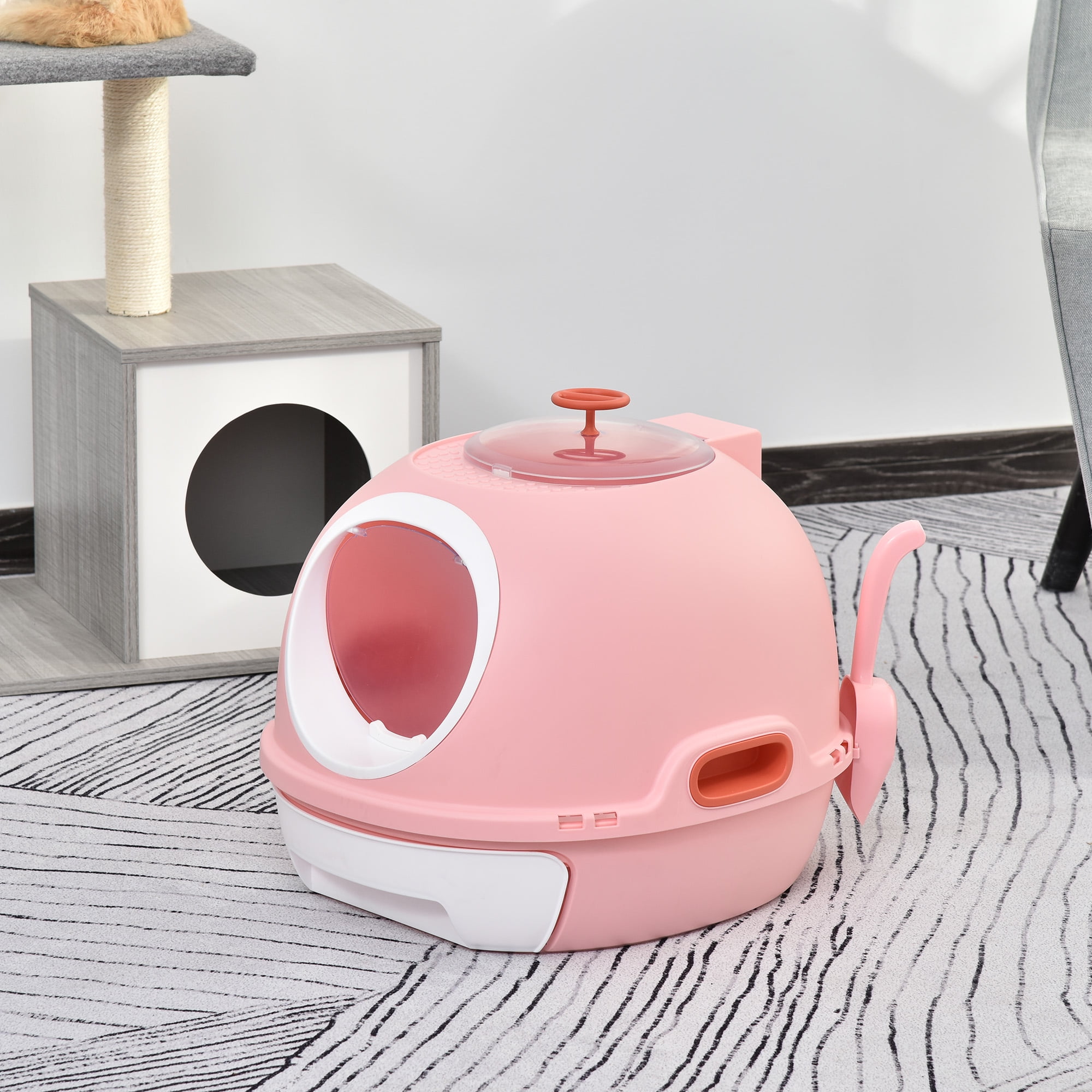 Pink Space-Capsule Covered Cat Litter Box with Skylight