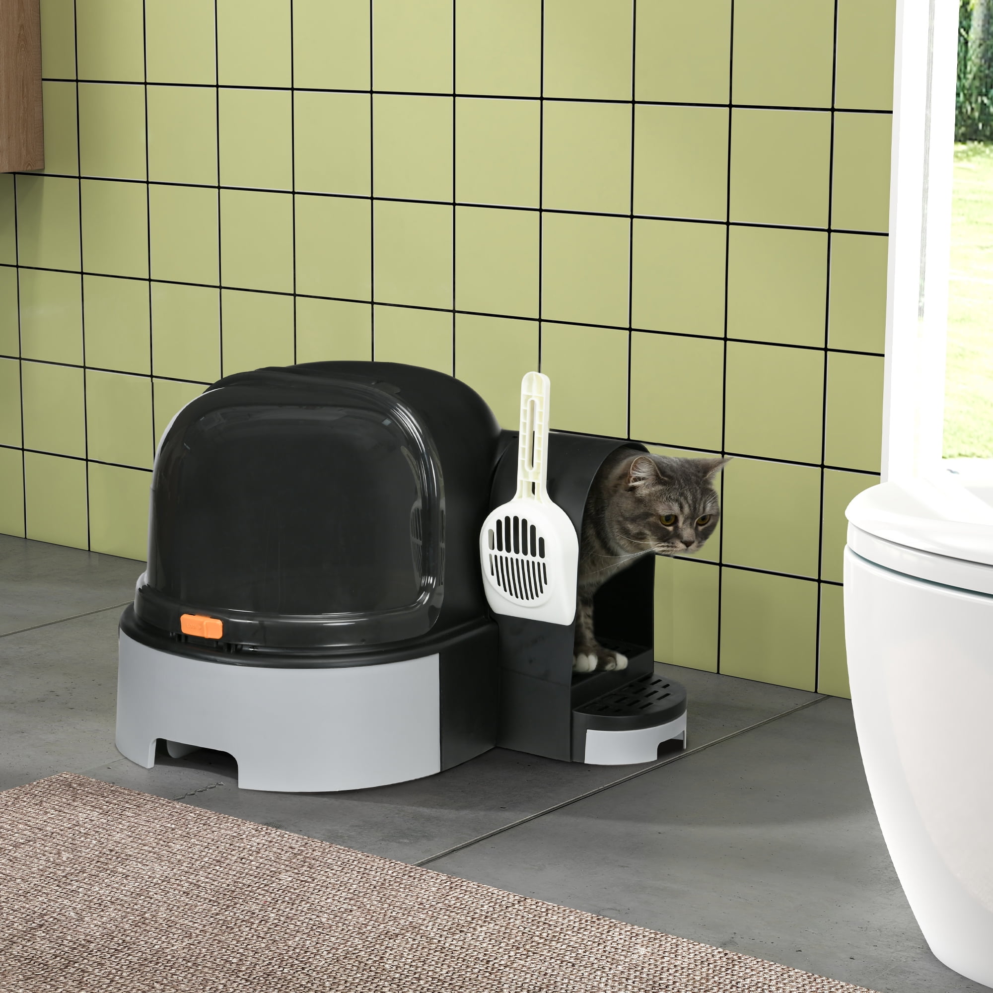 Gray and Black Space Capsule Covered Cat Litter Box with Scoop