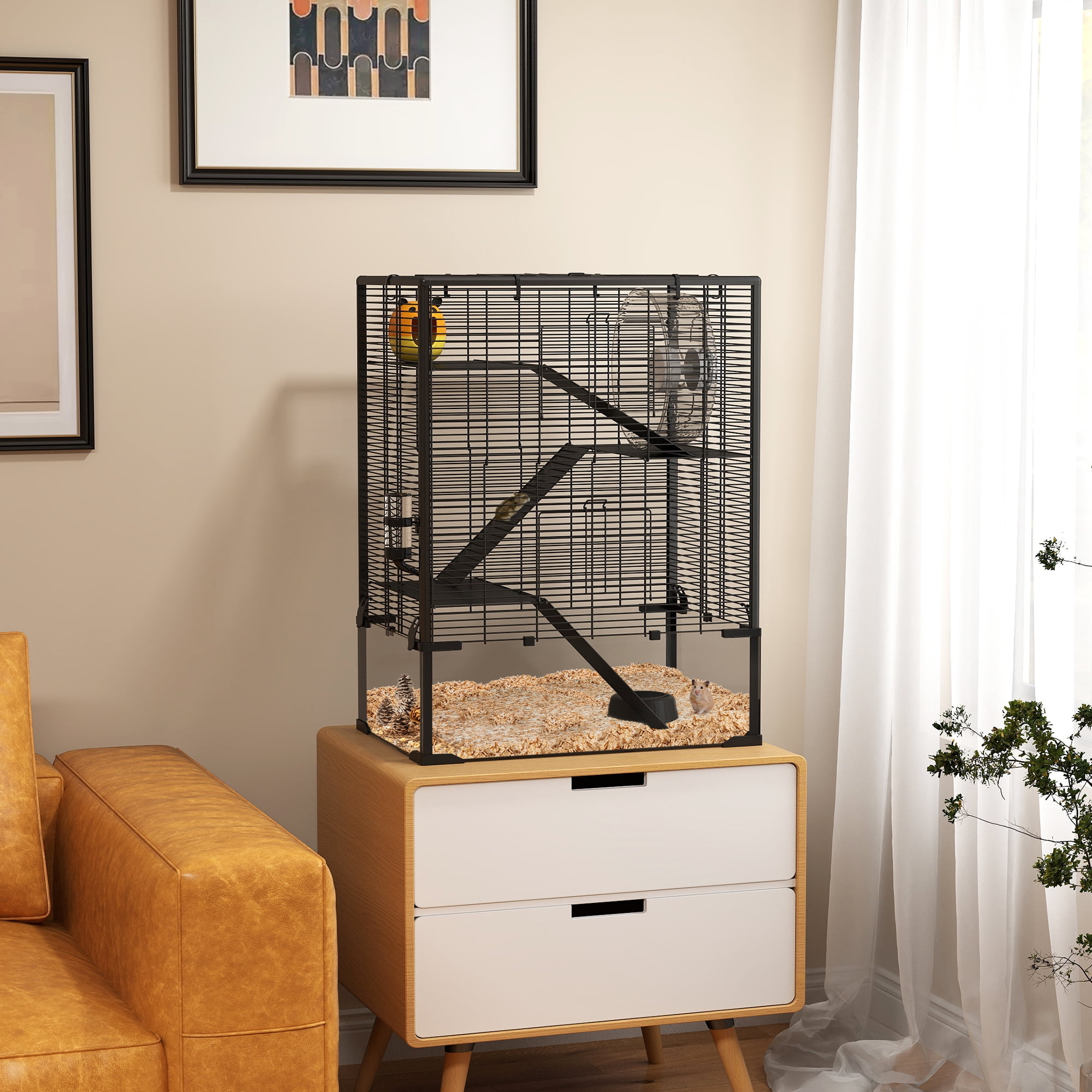 Black 4-Tier Glass Bottom Hamster Cage with Accessories