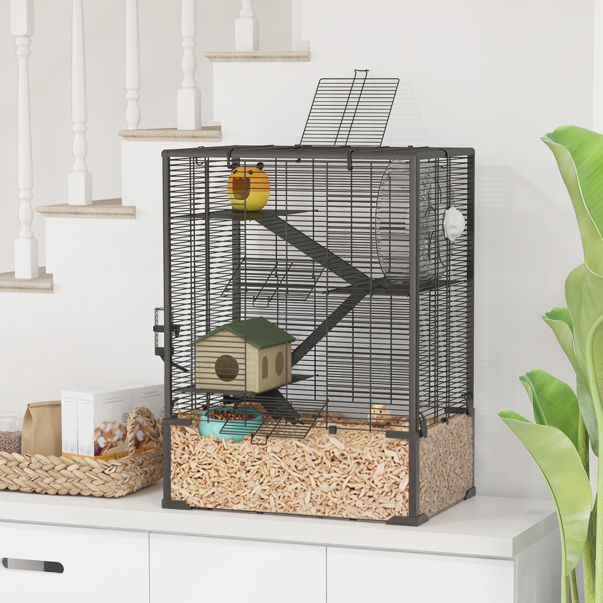 PawHut Deep Glass Bottom Hamster Cage, 4 Tiers Hamster Tank with Running Wheel, Hut, Water Bottle, Food Dish, Rat Cage, Black, 24" x 16" x 31.5"