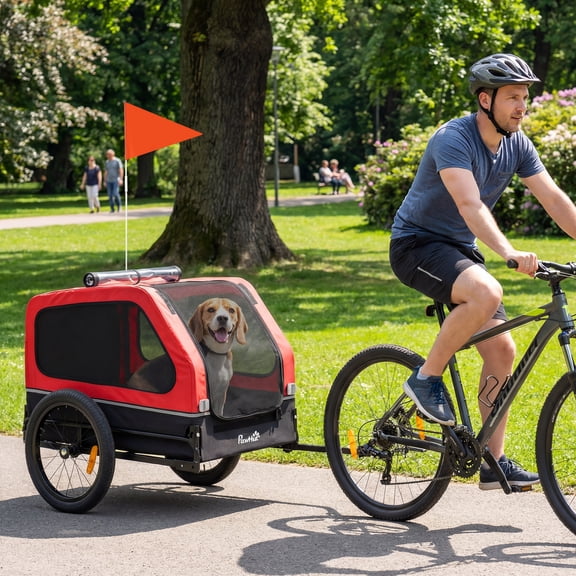 PawHut Dog Bike Trailer, Dog Cart Bicycle Carrier for S & M Dogs, Universal Bicycle Coupler, Flip-Down Ramp Tailgate, Support Up to 44 lbs, Red