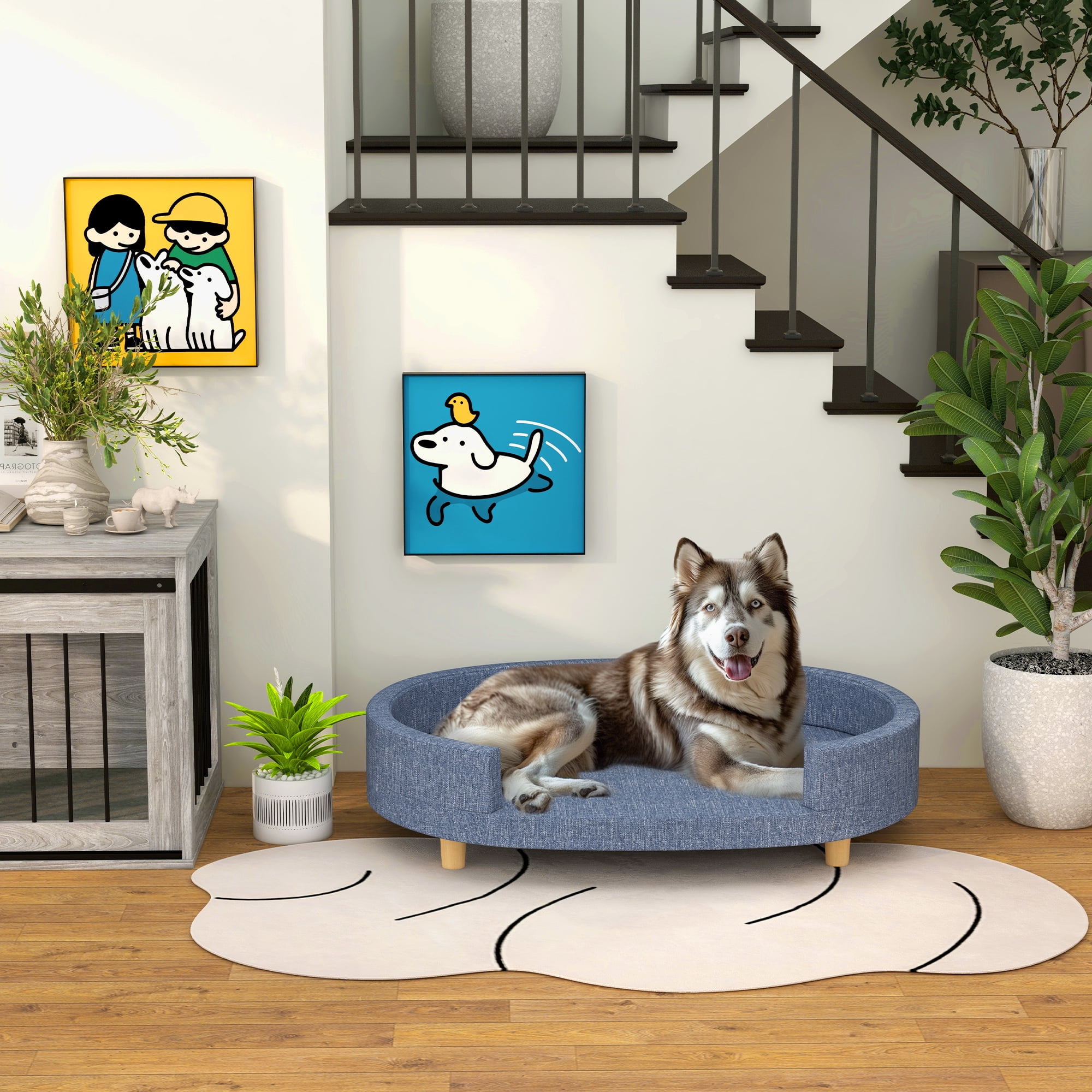 Large Blue Elevated Dog Sofa Bed with Washable Cover