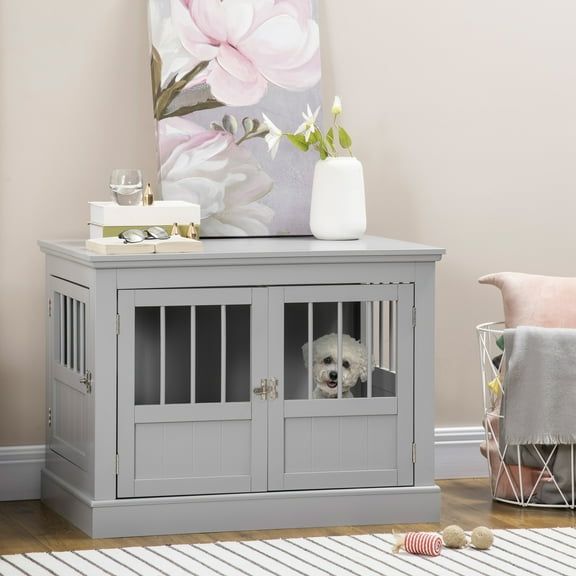 PawHut Dog Crate End Table with Triple Doors, Wooden Dog Crate Furniture Indoor Use, Puppy Crate for Small Dogs, Dark Gray