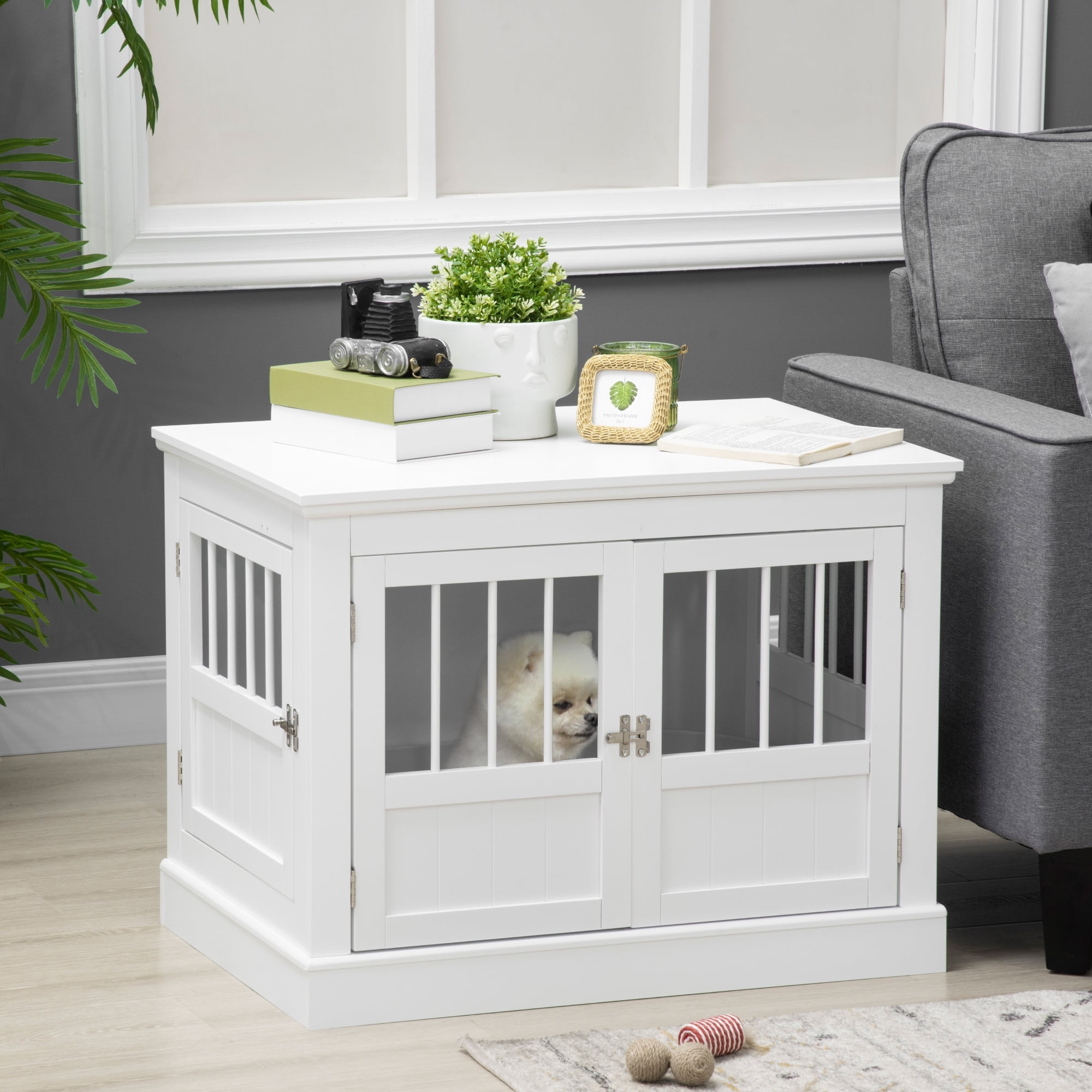 Small White Wooden Dog Crate End Table with Triple Doors