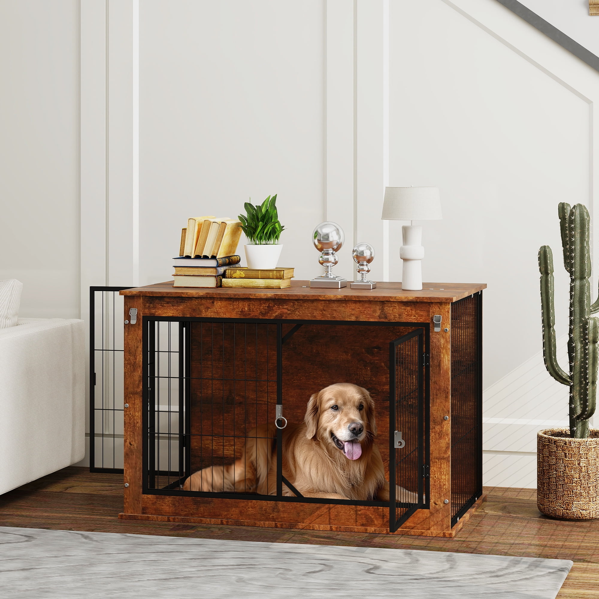 Auto Open Dog Crate Door Reference: Pawhut Dog Crate Furniture 39 Dog Kennel Furniture With Flip