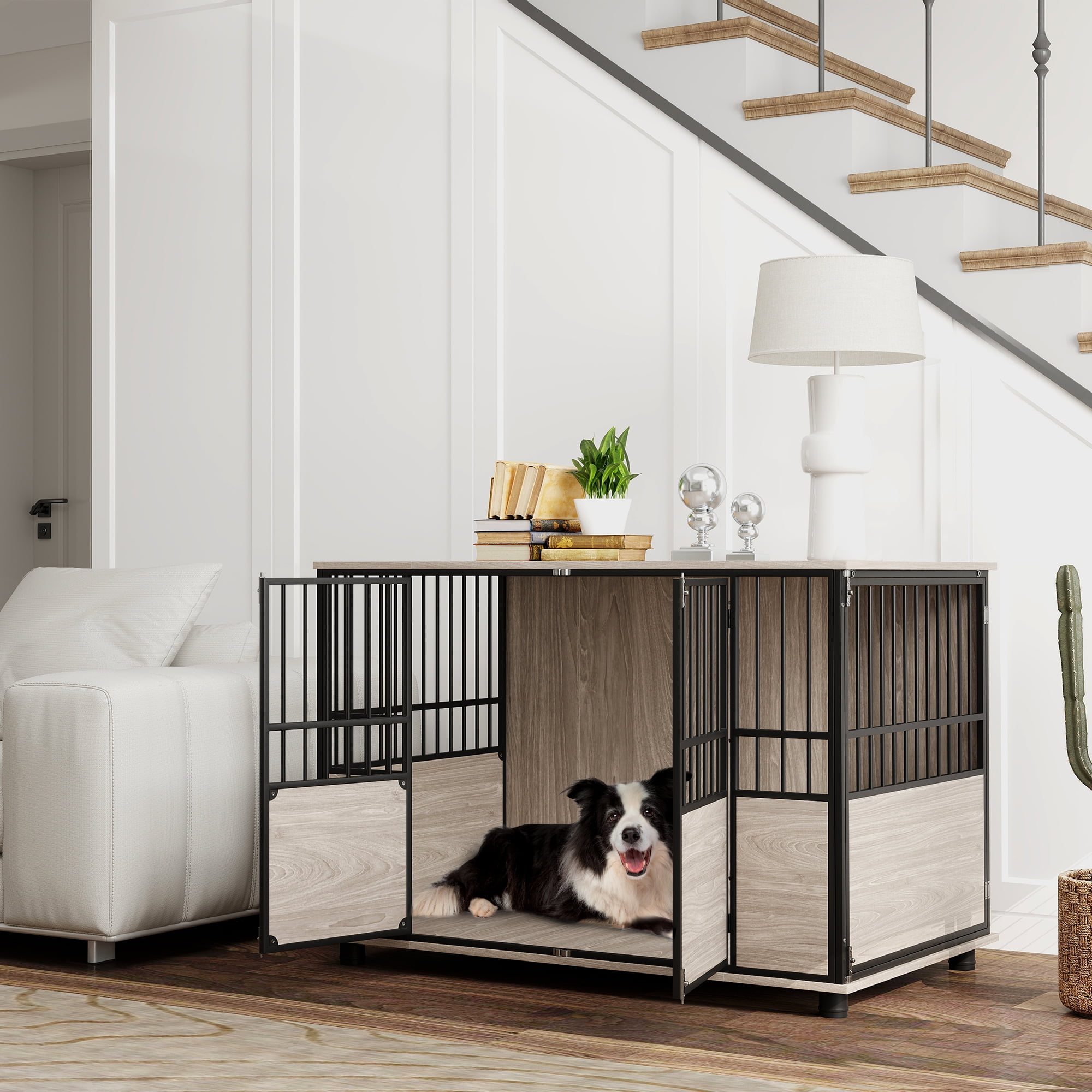 Large Black Walnut Modern Dog Crate Table