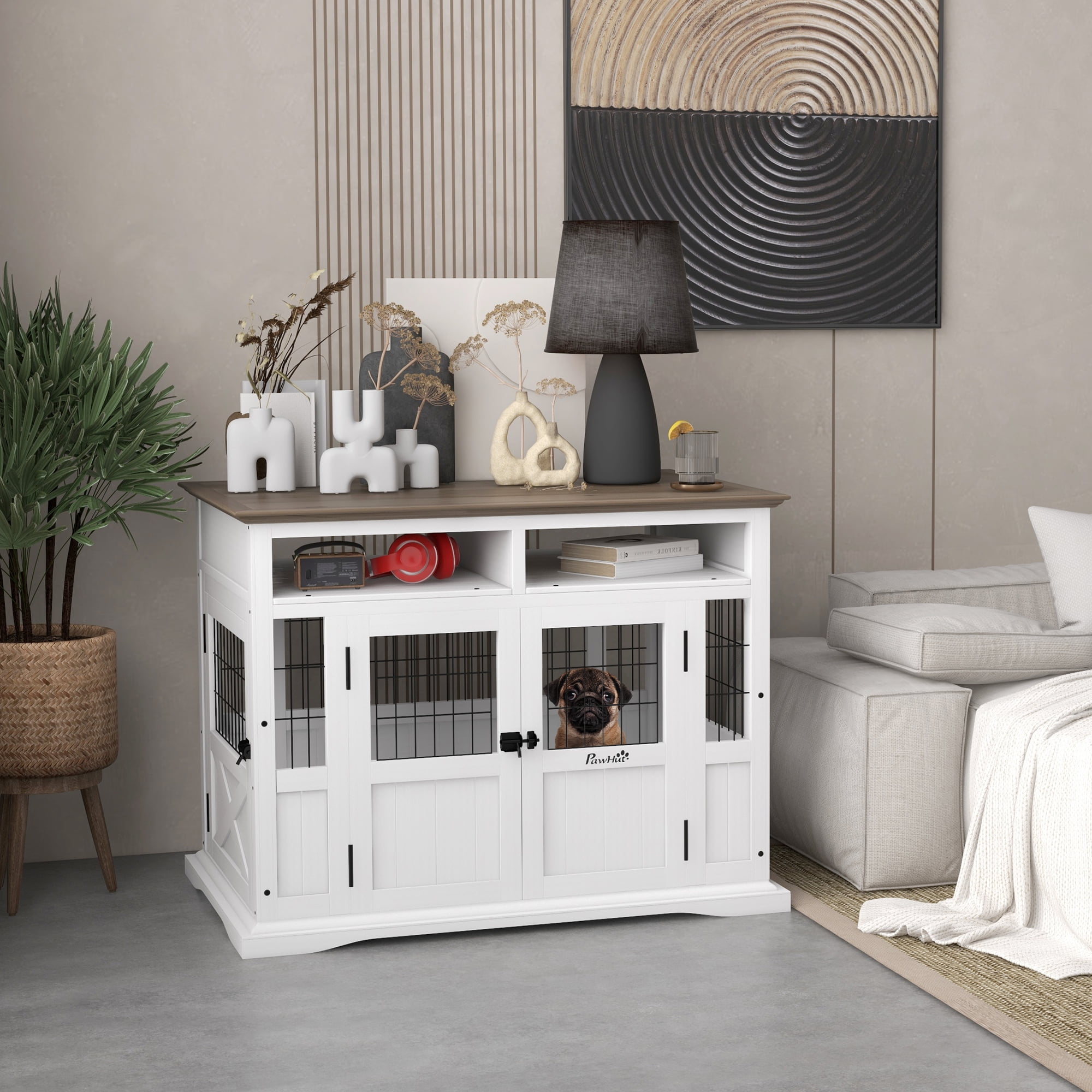 White Wooden Dog Crate Table with Storage and Double Doors