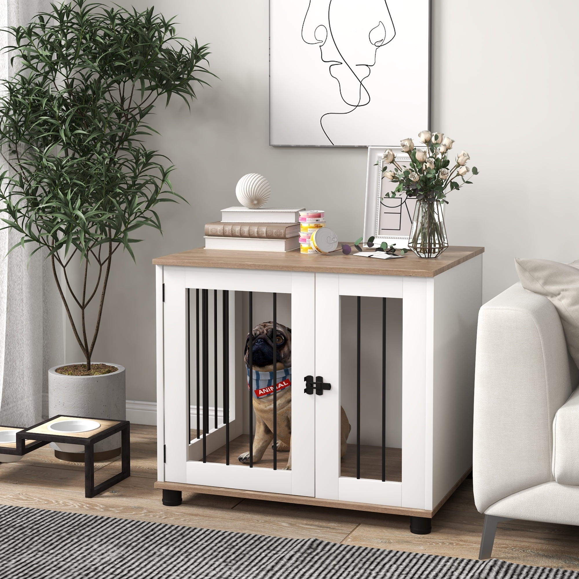White and Brown Wooden Dog Crate Side Table