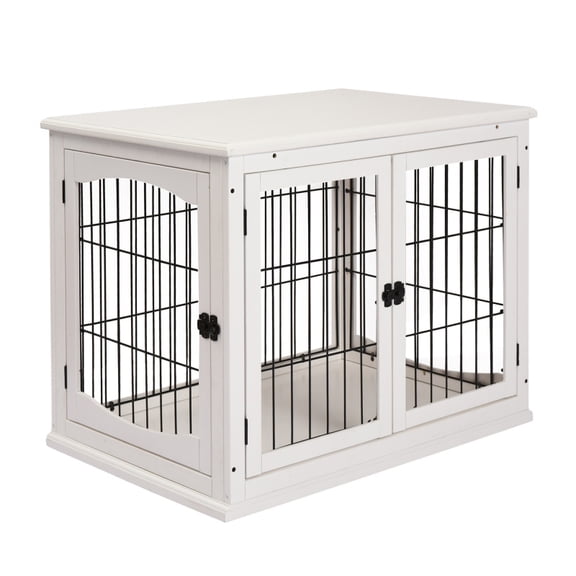 PawHut Dog Crate Furniture, Small Dog Cage End Table with Two Opening Sides, Lockable Door, Puppy Kennel Indoor, Cute and Decorative, Pure White