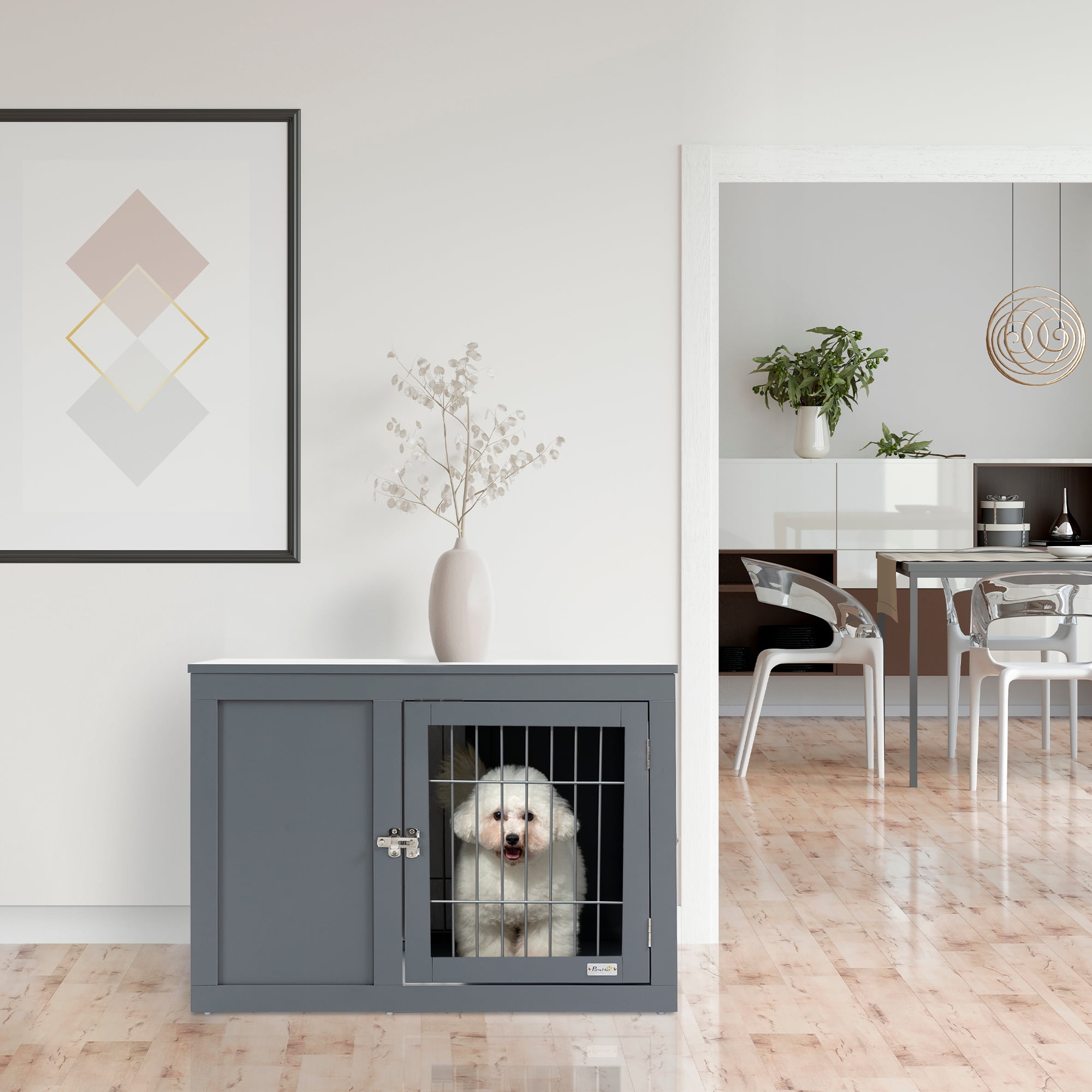 Large Gray Wooden Dog Crate End Table with Steel Frame