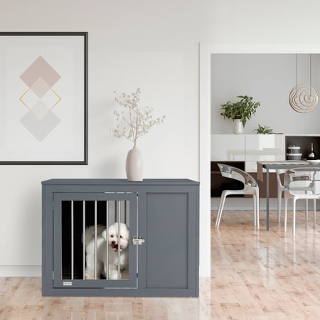 PawHut Dog Crate Furniture Wire Pet Cage Wooden Dog Kennel, End Table with Double Doors, and Locks, for Medium and Large Dog House Indoor Use, Grey