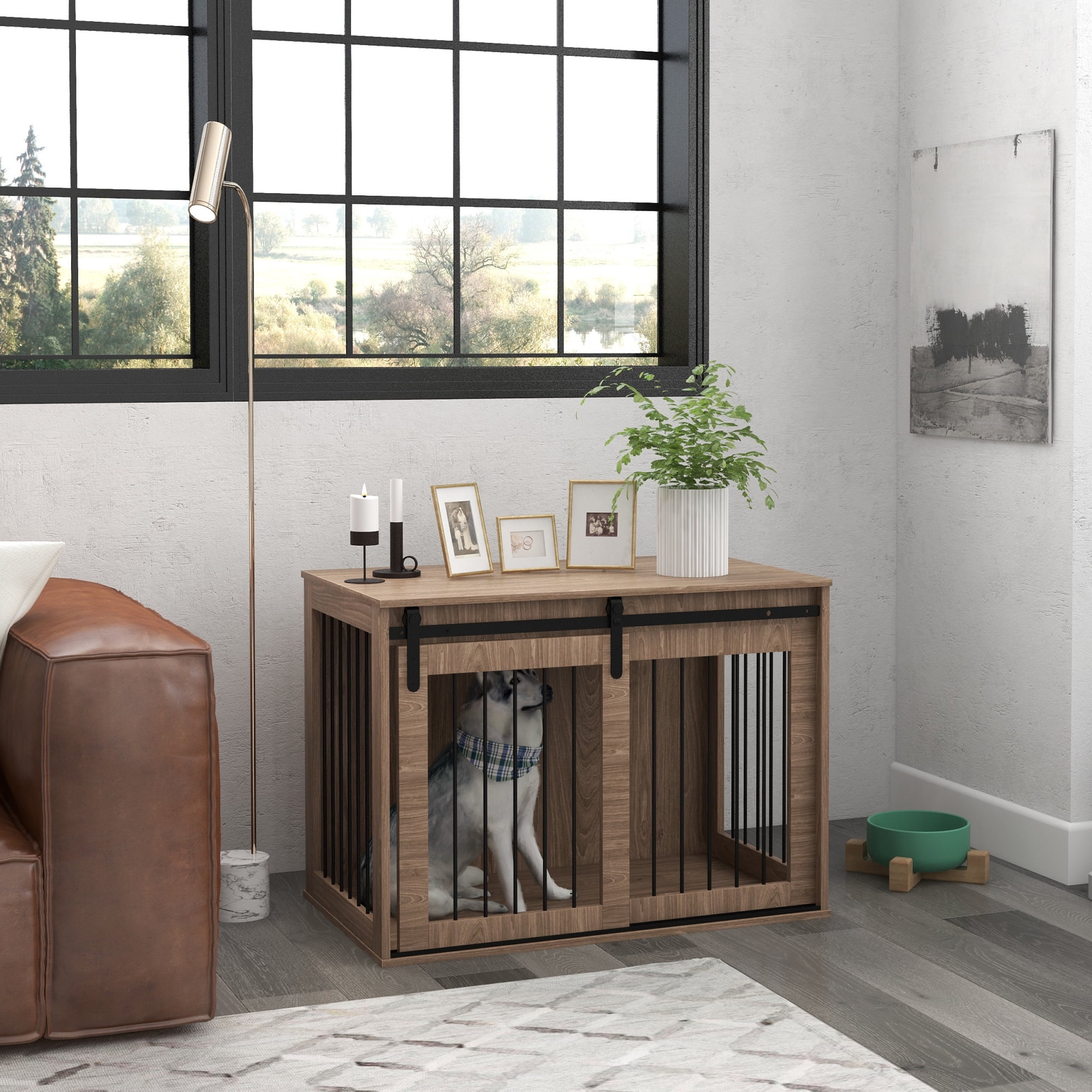 Large Walnut Brown Wooden Dog Crate Table