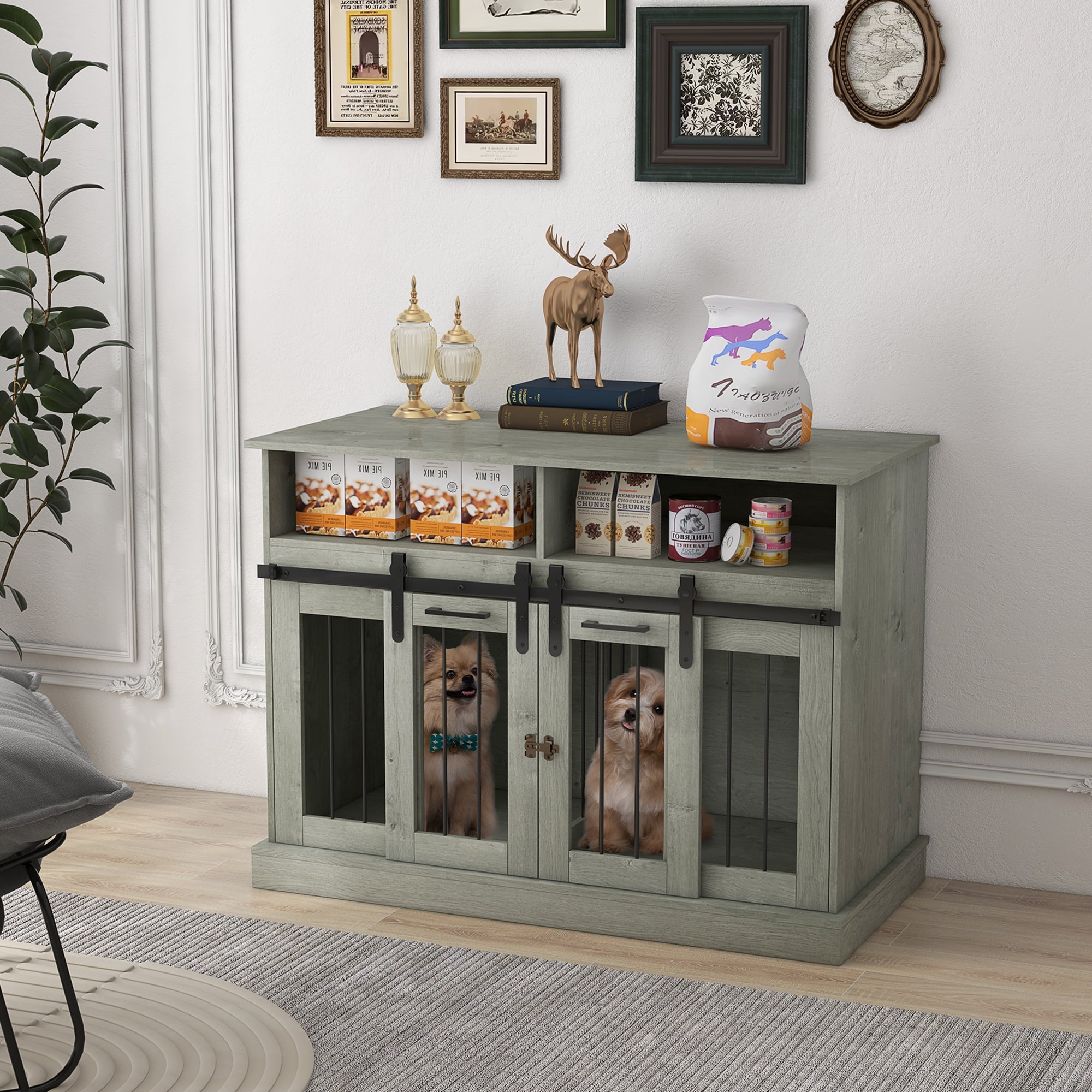 Large Gray Wooden Dog Crate Table with Sliding Doors
