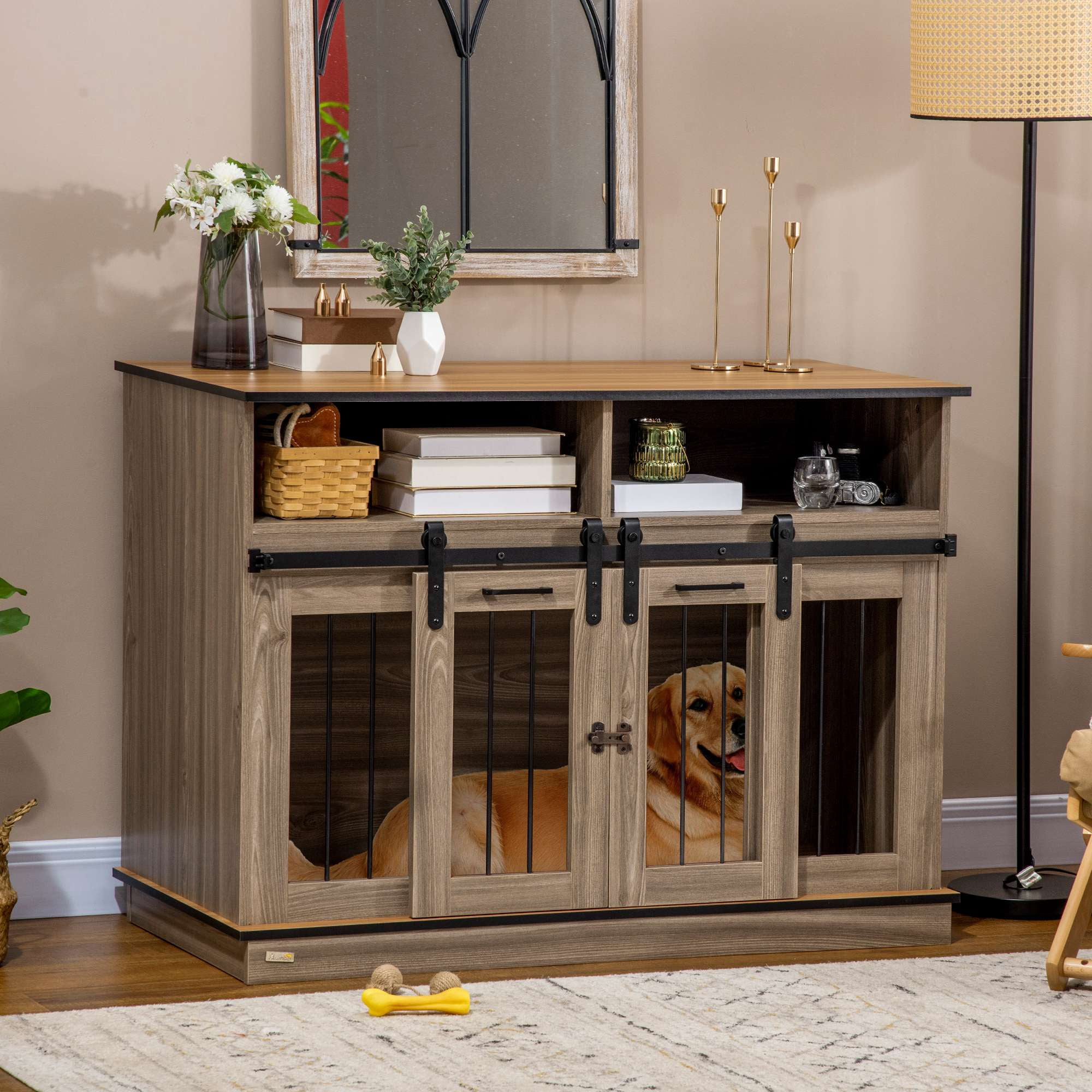 Large Oak and Brown Dual-Function Dog Crate Table
