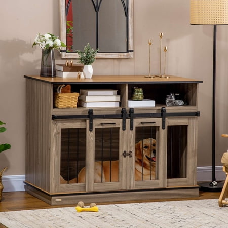 PawHut Dog Crate Furniture for Large & Small Dogs, Double Dog Kennel, Oak