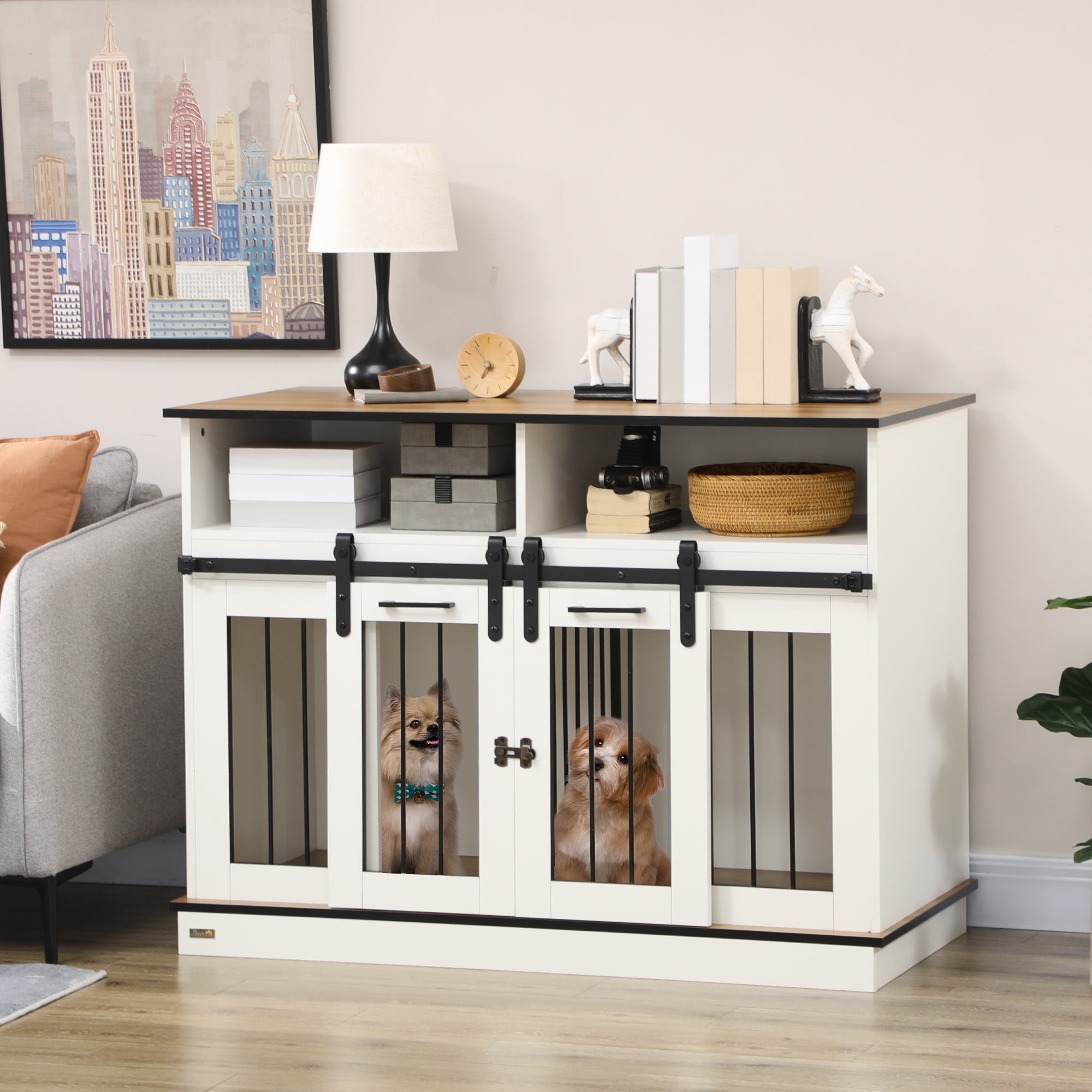 White Dual-Door Dog Crate Table with Shelves