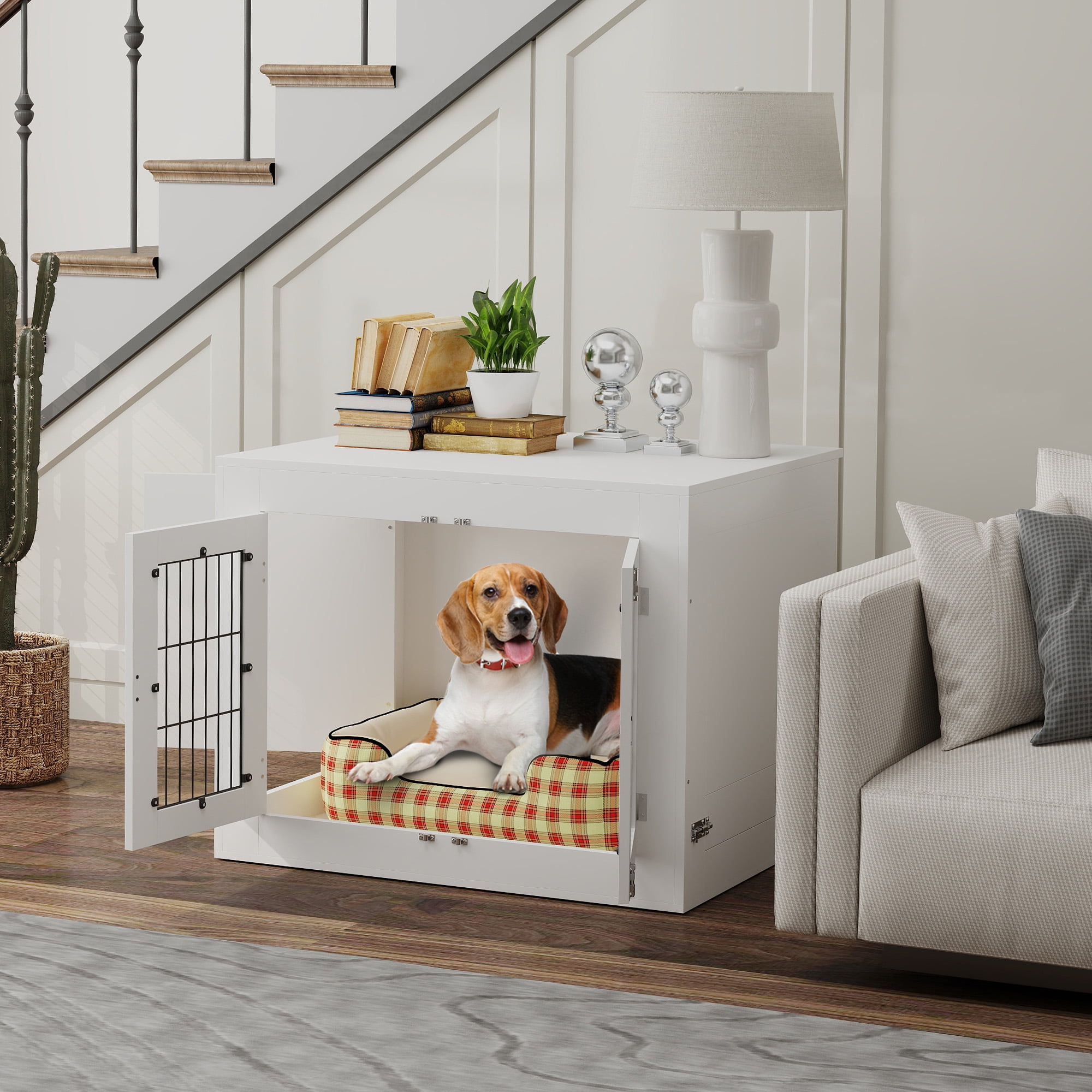 PawHut Dog Crate Furniture with 360Â° Rotatable Removable Dog Bowls, Two Doors, Non-slip Foot Pads, Dog Kennel Furniture for Medium Dogs, White