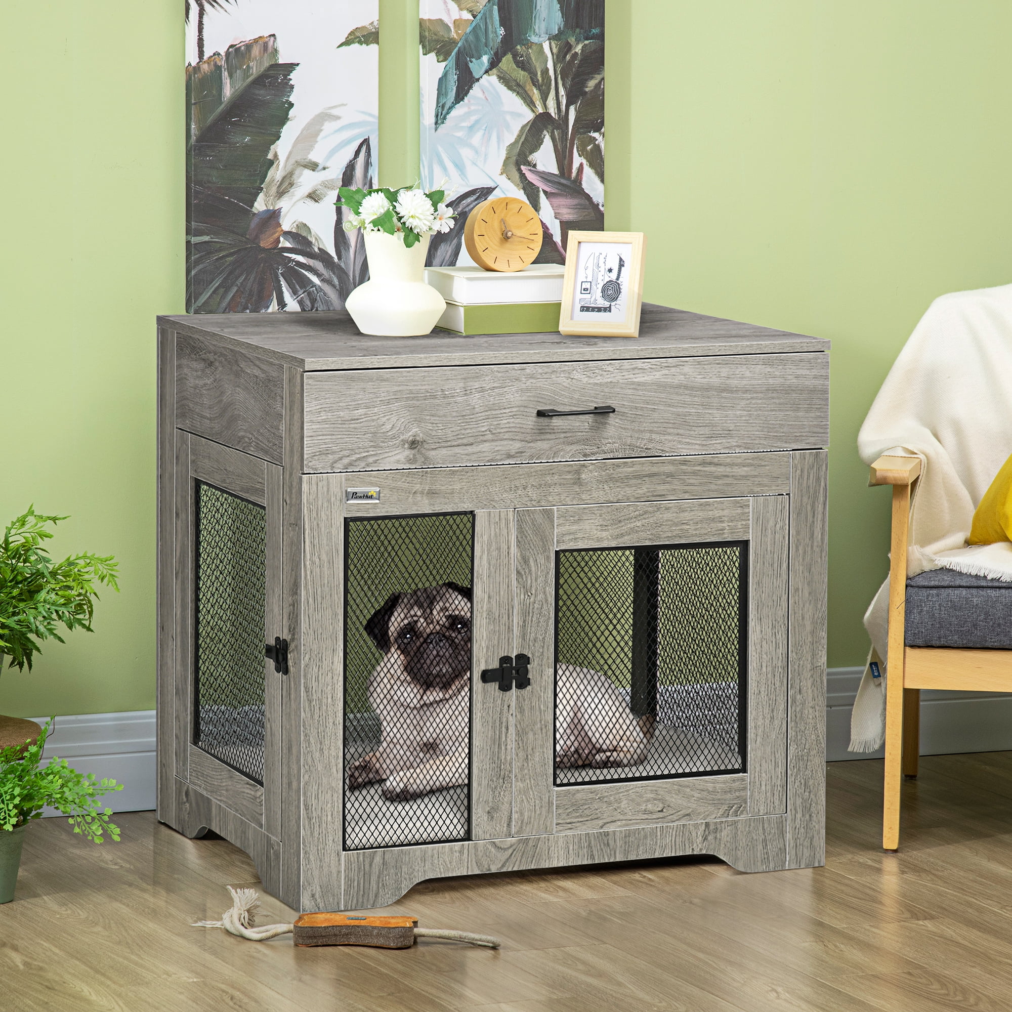 Gray Soft-Sided Dog Crate End Table with Drawer