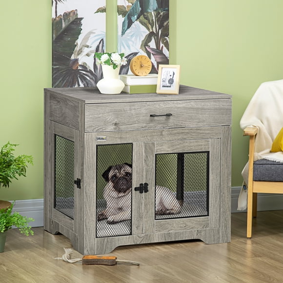 PawHut Dog Crate Furniture with Soft Water-Resistant Cushion, Dog Kennel End Table with Drawer, Puppy Crate for Small Dogs Indoor with 2 Doors, Gray