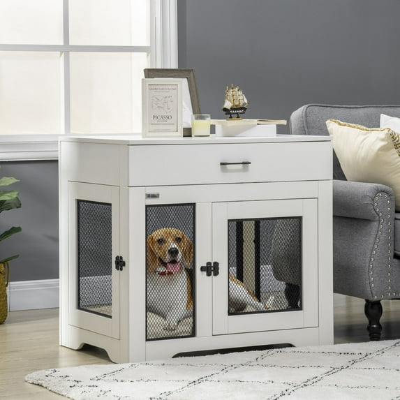 PawHut Dog Crate Furniture with Soft Water-Resistant Cushion, Dog Kennel End Table with Drawer, Puppy Crate for Small Dogs Indoor with 2 Doors, White