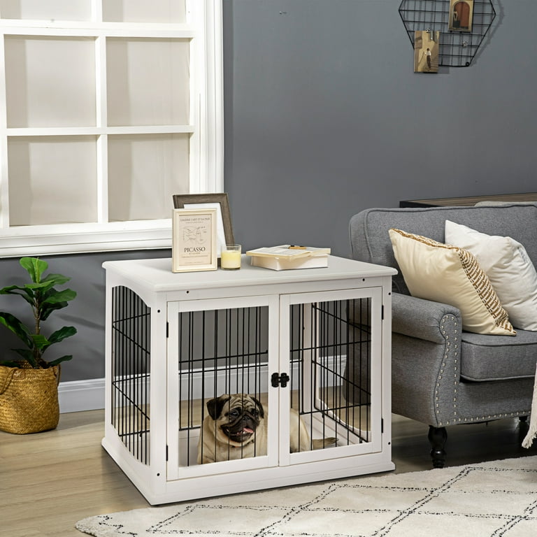 PawHut 26 Wooden Dog Crate Furniture Style Pet Cage Kennel End Table with Lockable Double Door Entrance and Top Shelf White