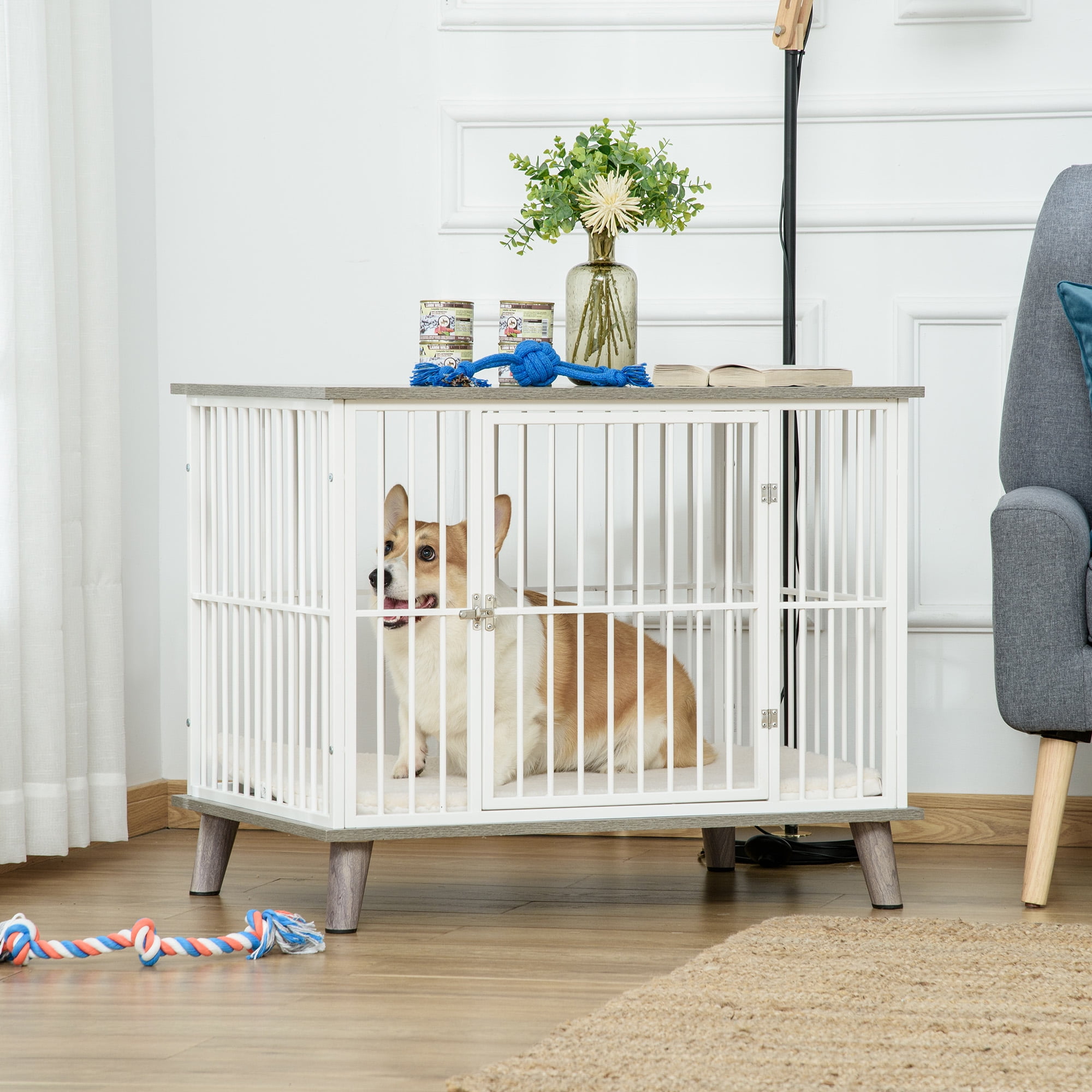 Medium Gray and White Wooden Dog Crate Table with Cushion