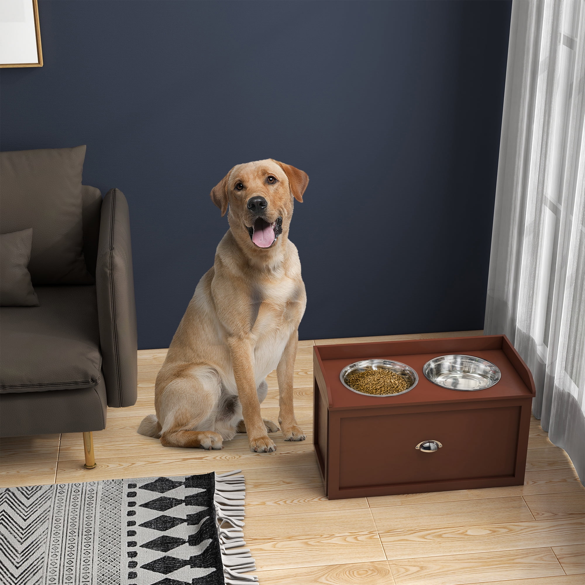Brown Elevated Dog Feeding Station with Stainless Steel Bowls