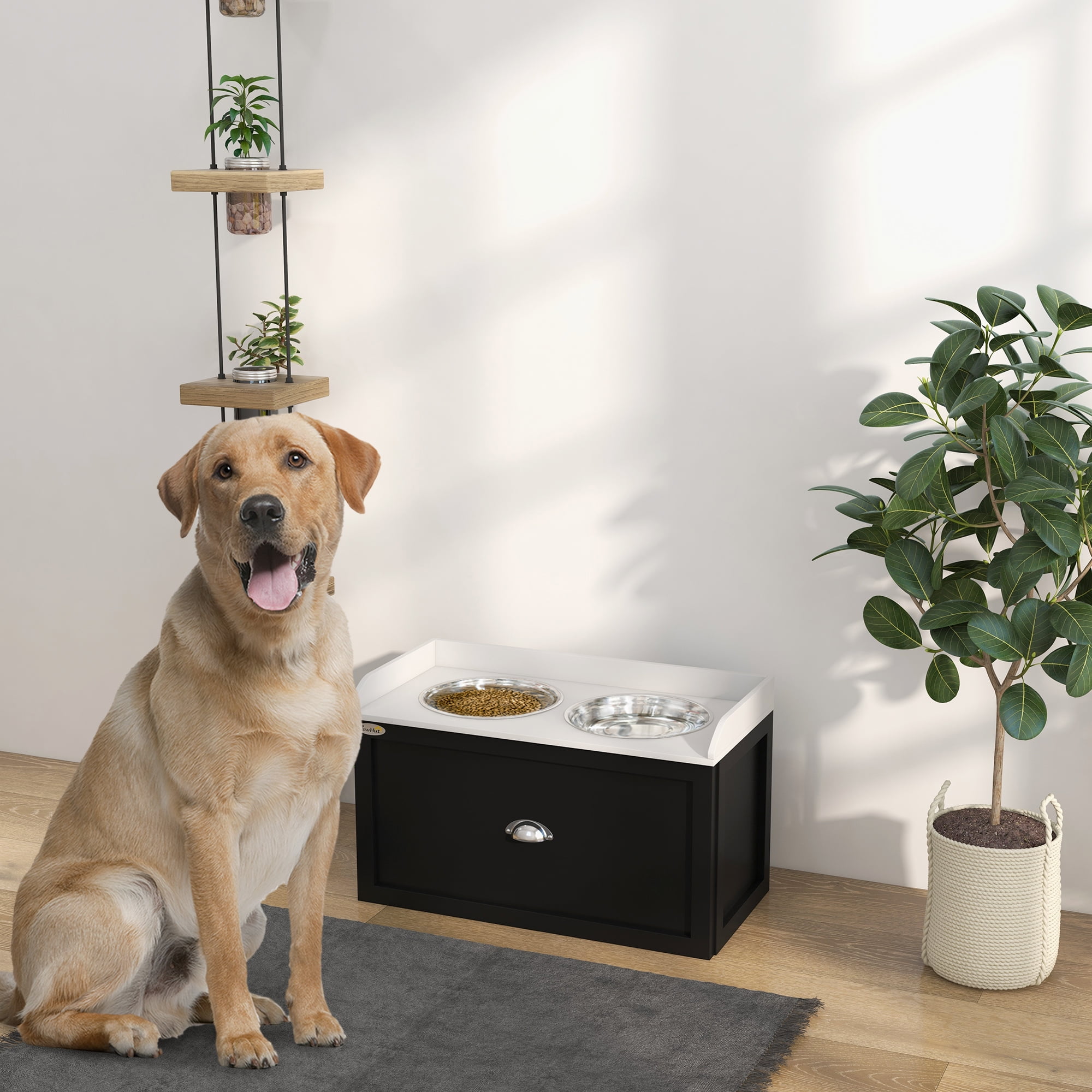 White and Black Elevated Dog Feeding Station with Storage Drawer