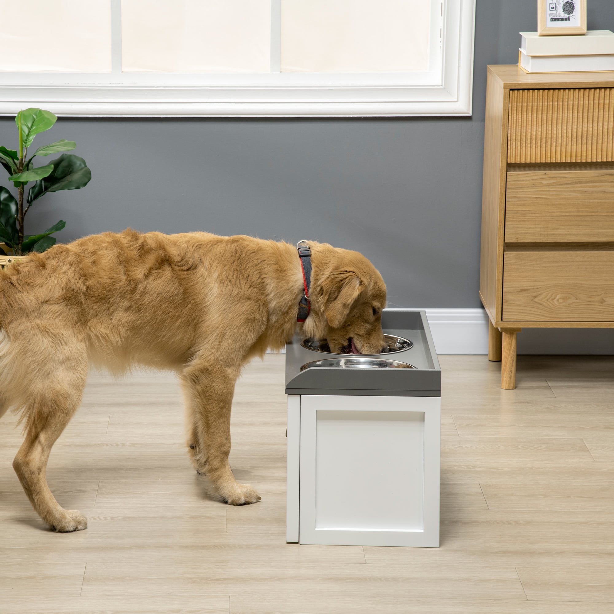 Swan White and Pewter Gray Elevated Dog Feeding Station with Stainless Steel Bowls