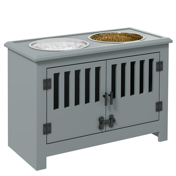 PawHut Dog Food Storage Cabinet with Bowls & Dog Feeding Station, Gray