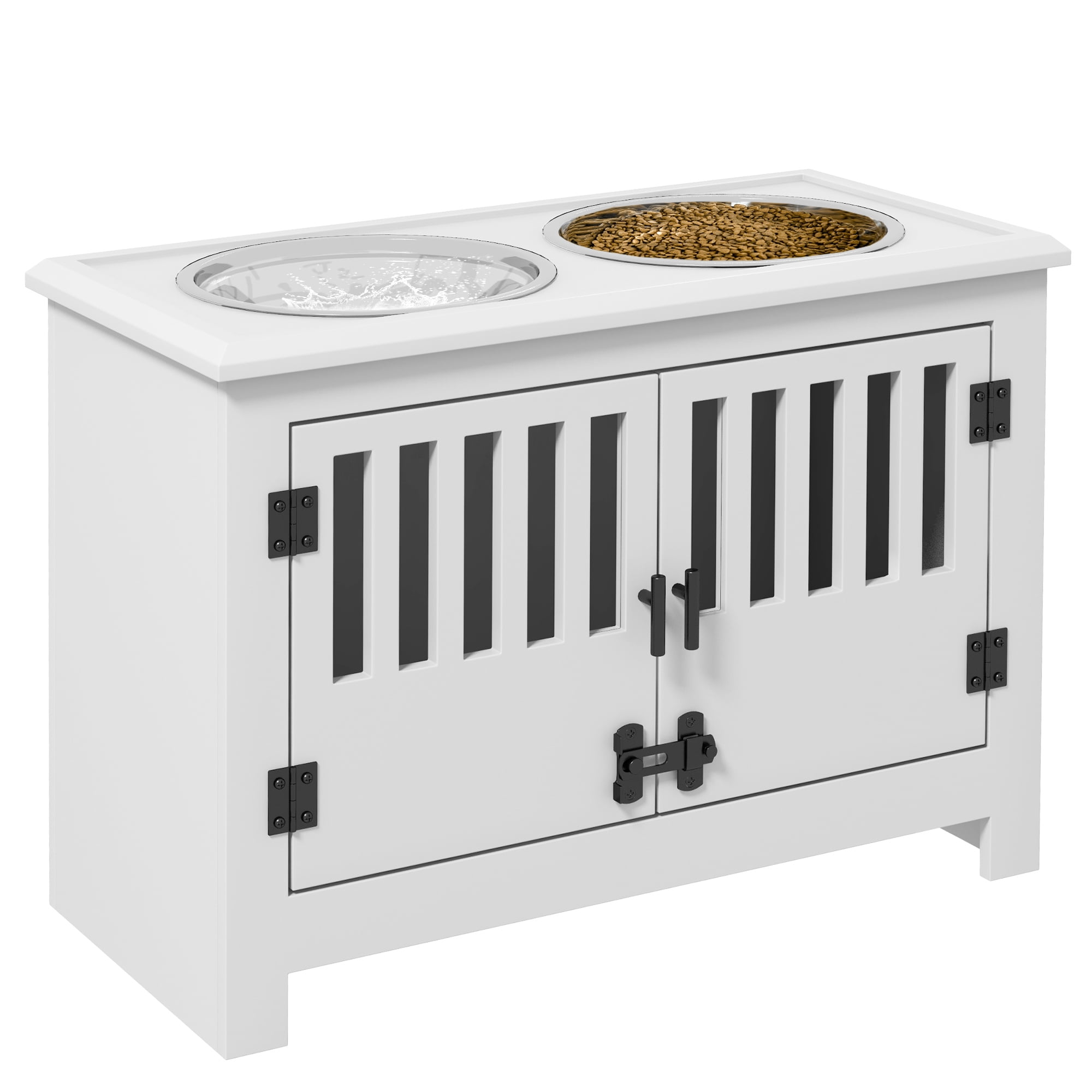 PawHut Dog Food Storage with Bowls & Dog Feeding Station, White