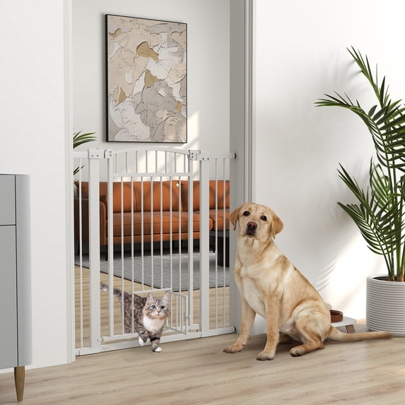 PawHut Dog Gate, 30"-41" Extra Wide Walk Through Pet Gate w/ Cat Door, 3-Inch & 5.5-Inch Extension Kits, Pressure Mounted, 42" High