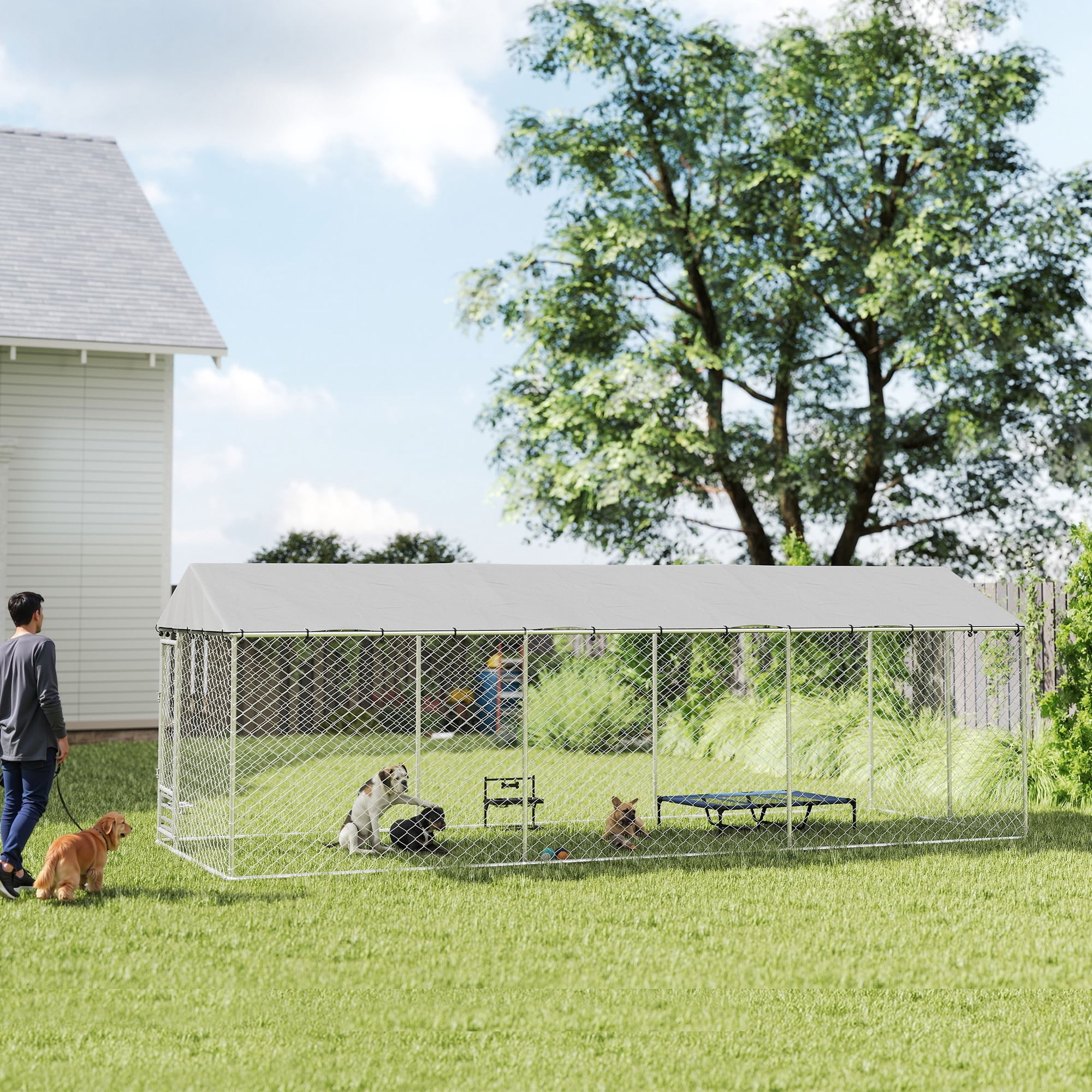 PawHut Dog Kennel Outdoor Dog Run with Waterproof UV-Resist Cover, Lockable Door, Adjustable Bowls, 20 x 7.5 x 6.5ft