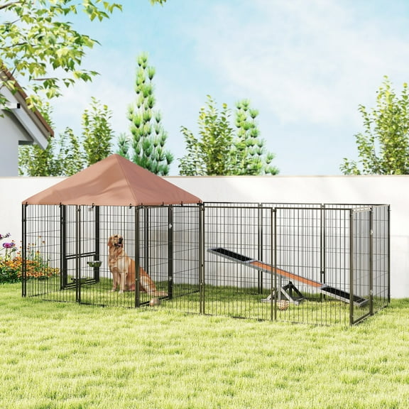 PawHut Dog Kennel Outside, Large Outdoor Dog Kennel with Rotating & Adjustable Height Bowls, Waterproof & UV-Resistant Canopy, 11.3' x 4.7' x 5.1'