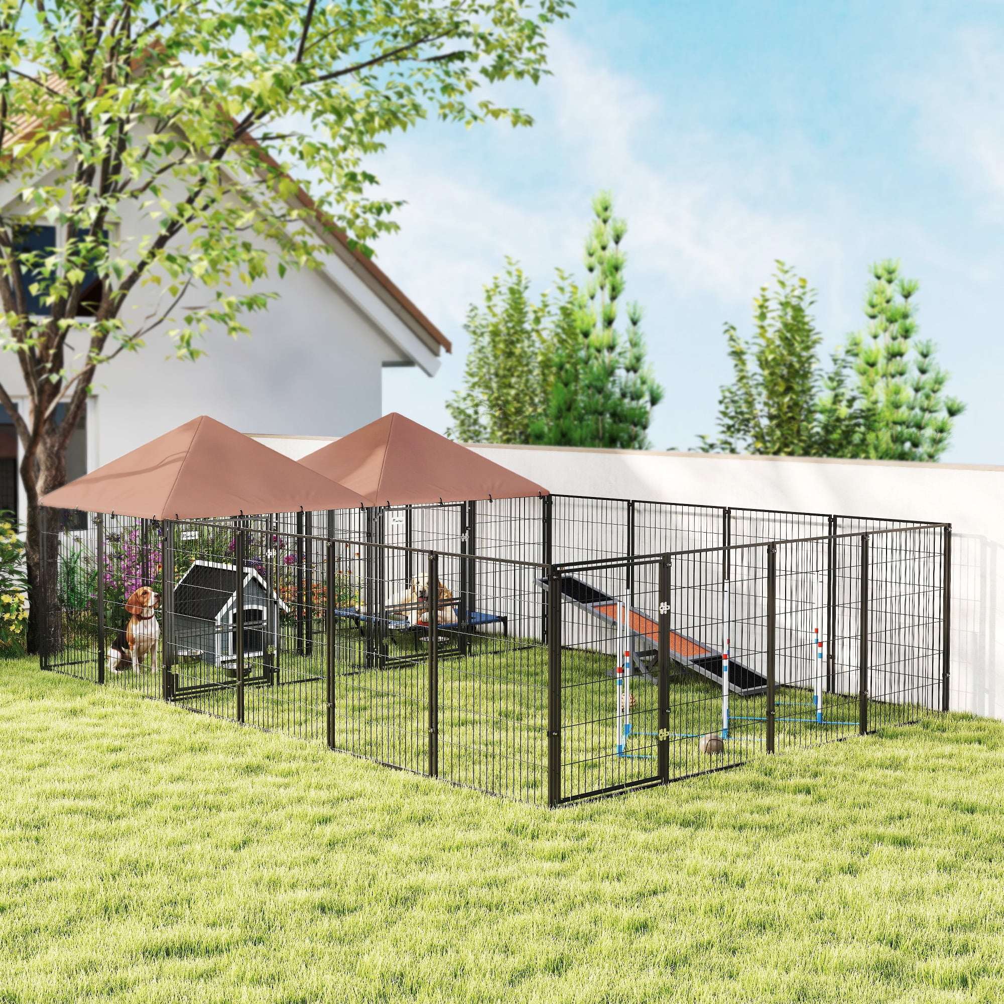 PawHut Dog Kennel Outside with 2 Rooms, Large Outdoor Dog Kennel with Rotating & Adjustable Height Bowls, 13.5' x 9.4' x 5.1'