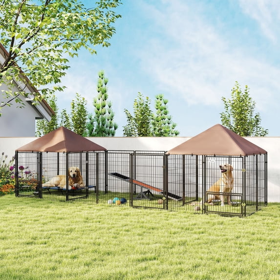 PawHut Dog Kennel Outside with 2 Rooms, Large Outdoor Dog Kennel with Rotating & Adjustable Height Bowls, Waterproof & UV-Resistant Canopy