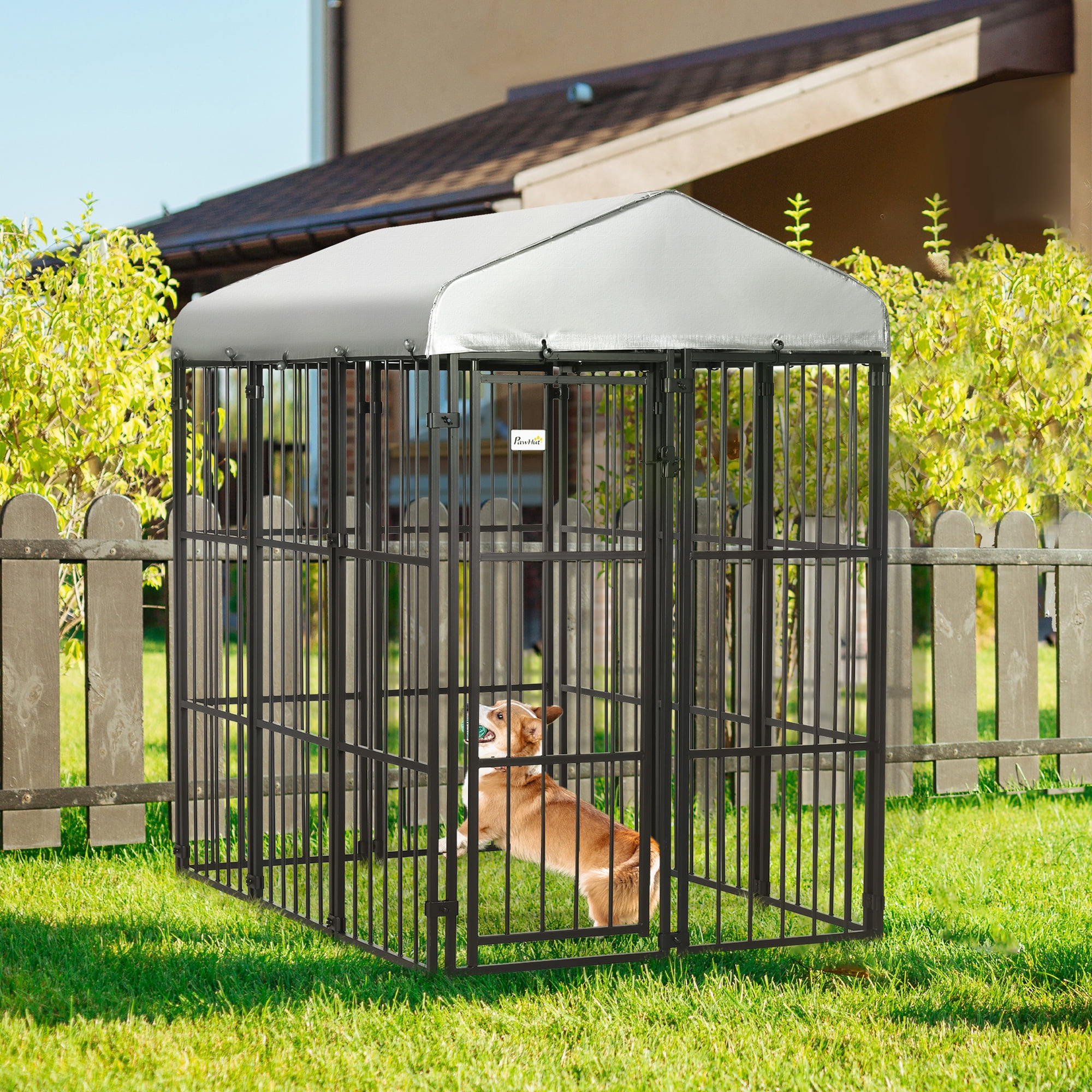 PawHut Black Heavy-Duty Metal Outdoor Dog Playpen with Cover