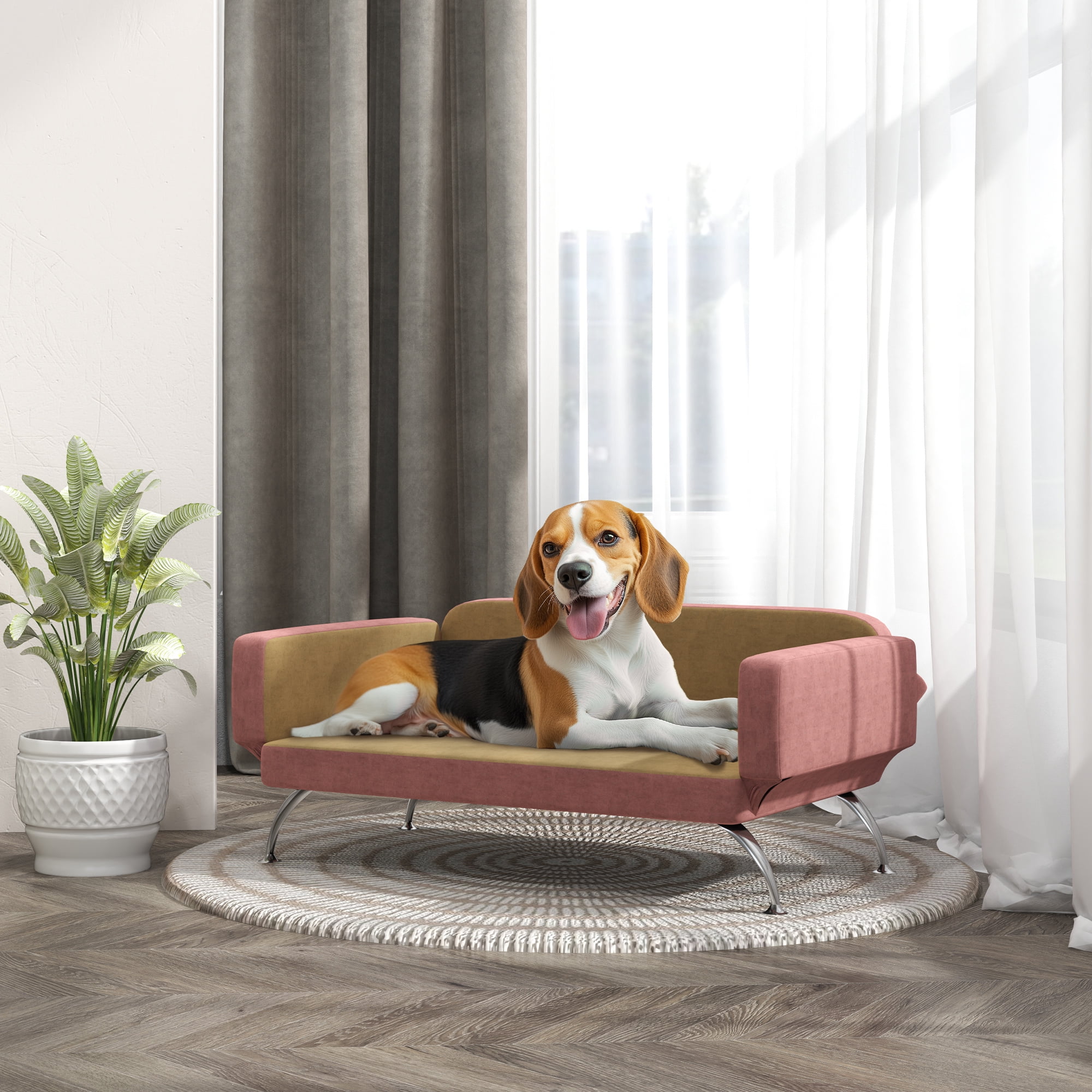Pink and Beige Foam Elevated Dog Sofa Bed with Adjustable Armrests