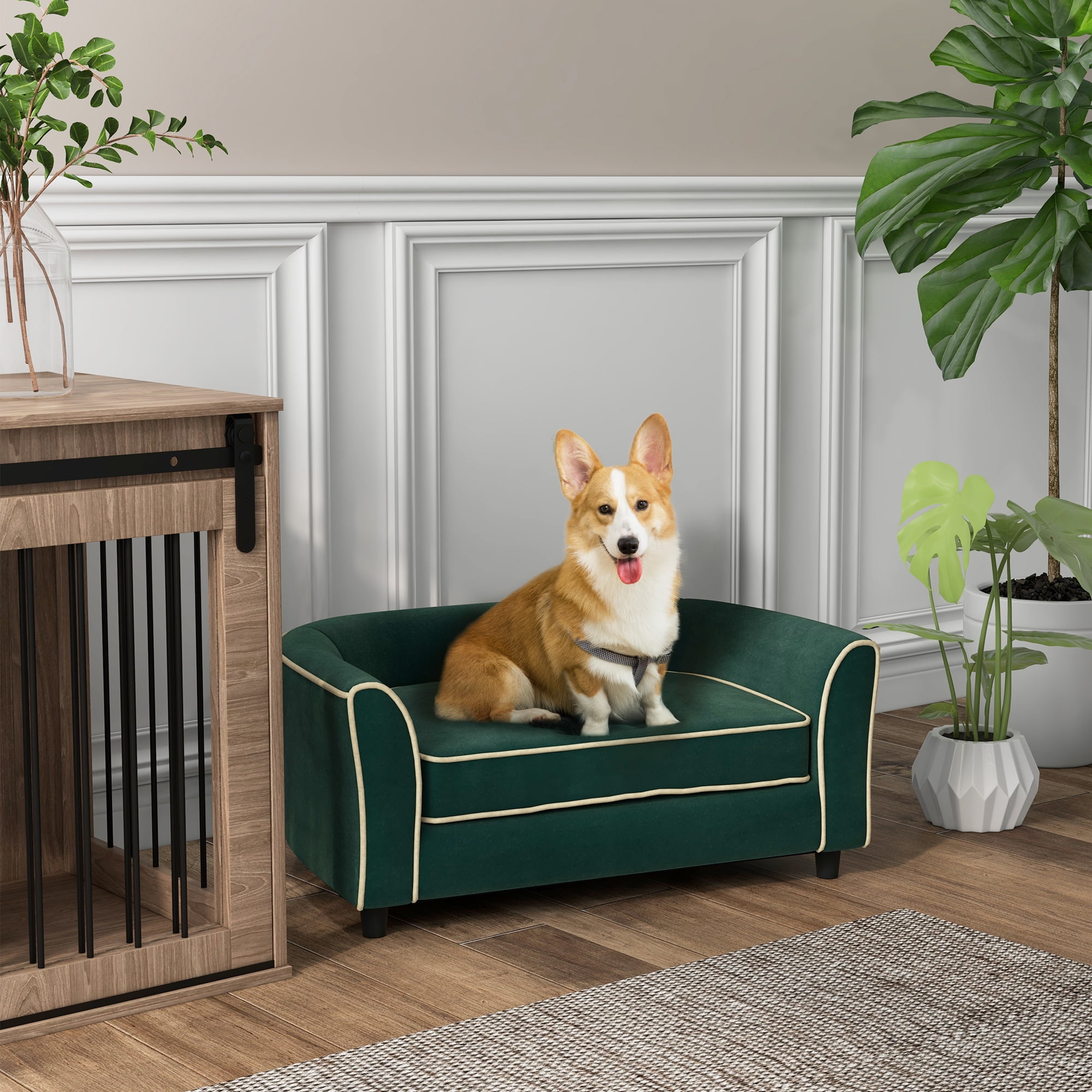 Dark Green Velvet Pet Sofa with Removable Cushion