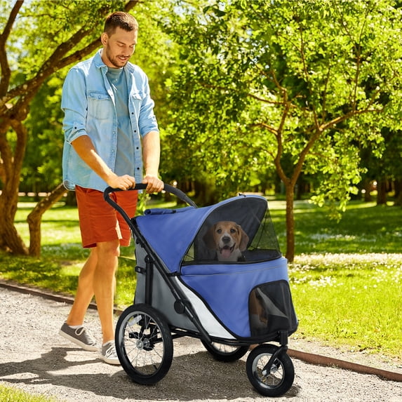 PawHut Dog Stroller, Pet Stroller Jogger w/ One-Hand Fold, Rubber Wheels, Storage Bag, Soft Cushion, Safety Leash, for S & M Dogs, Blue