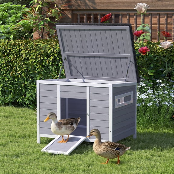 PawHut Duck Coop, Wooden Duck House Rabbit Hutch with Openable Roof, Removable Base, Elevated Legs, Ramp, Ventilated Windows