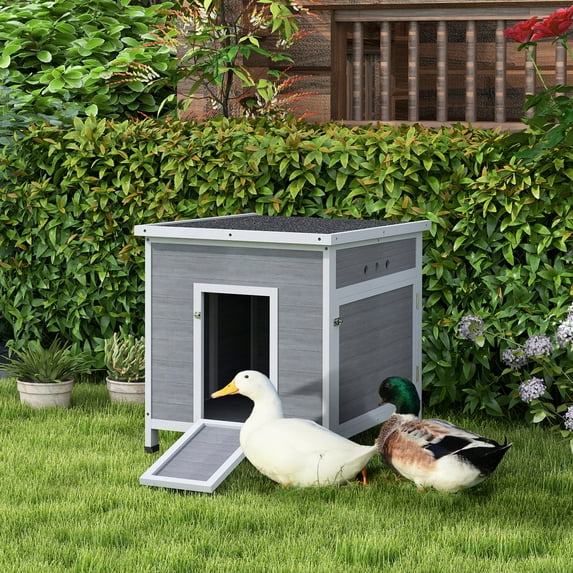PawHut Duck Coop, Wooden Duck House with Openable Roof, Removable Floor, Double Doors, Ramp, for 2-4 Ducks, Geese, Rabbits, Chickens, 25" x 32" x 30"
