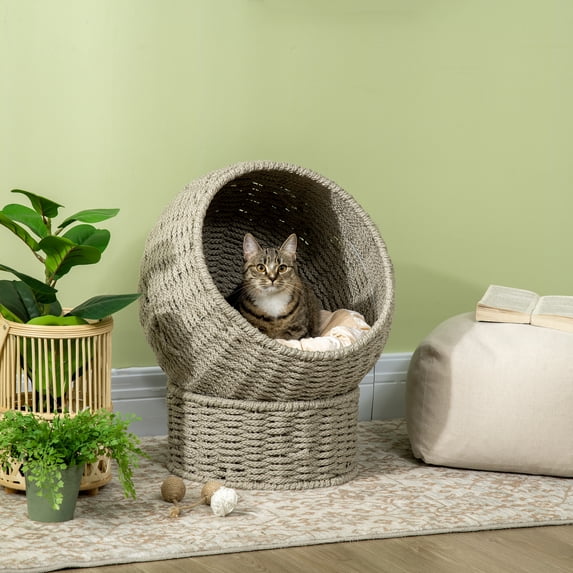 PawHut Elevated Cat Bed 1-Stage Cozy Wicker Cat Bed with Soft Cushion, Herbal Gray