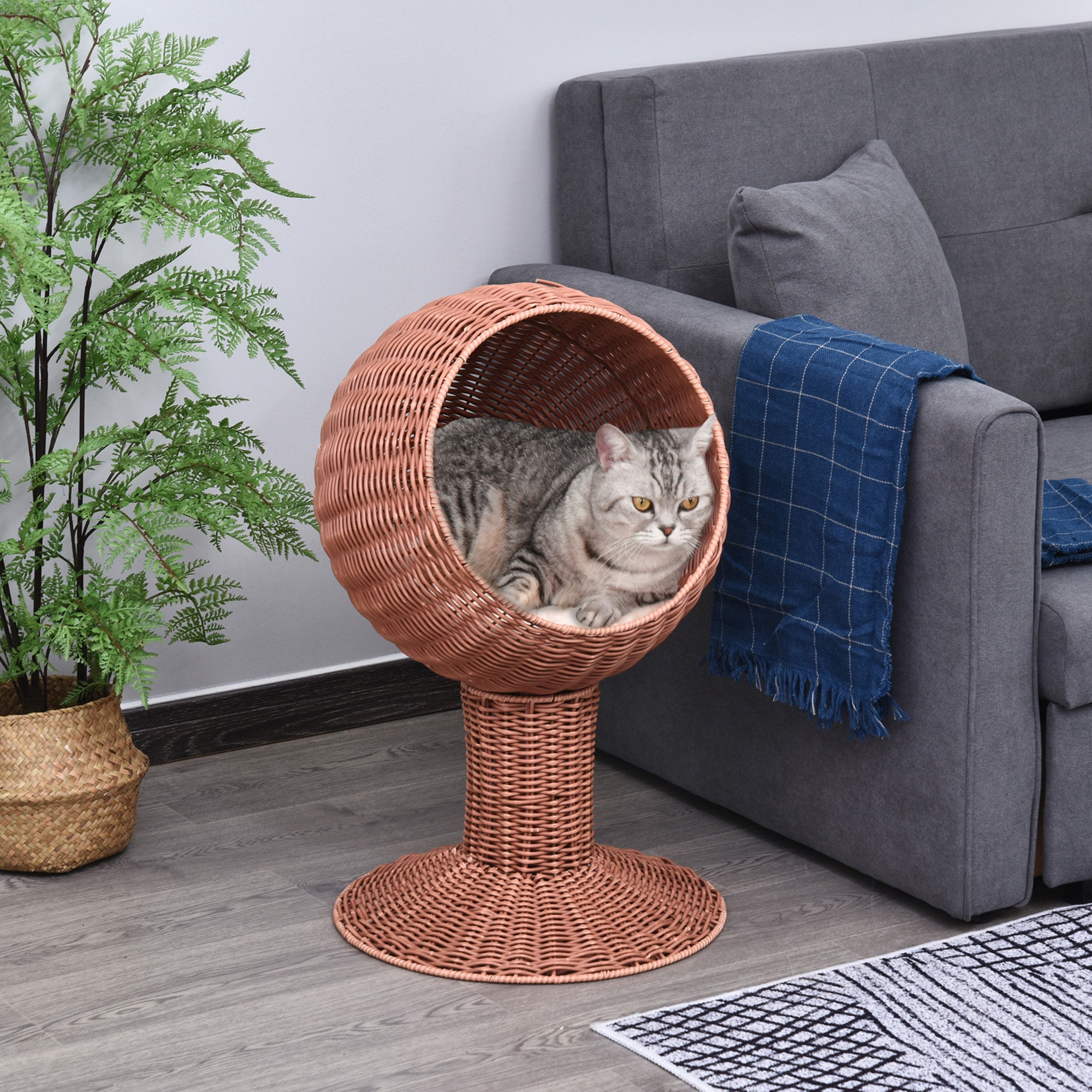 Small Round Brown Rattan Elevated Cat Bed with Cotton Cushion