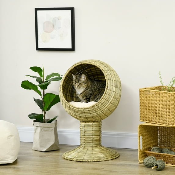 PawHut 28" Hooded Elevated Cat Bed Rattan Kitten Condo Round with Cushion, Yellow