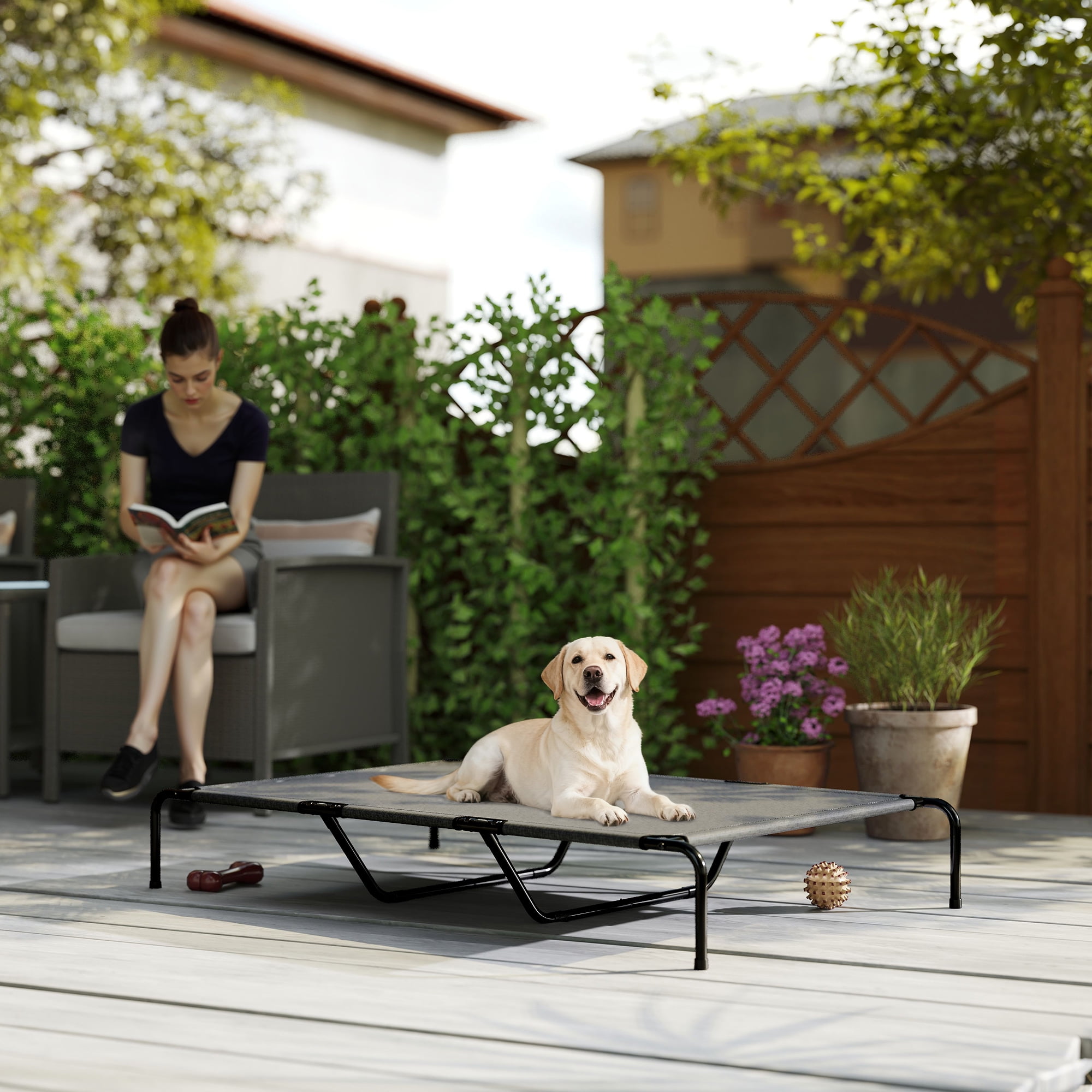 PawHut Elevated Dog Bed Large Breeds Outdoor Dog Bed Breathable Mesh Steel Frame Gray 60"L