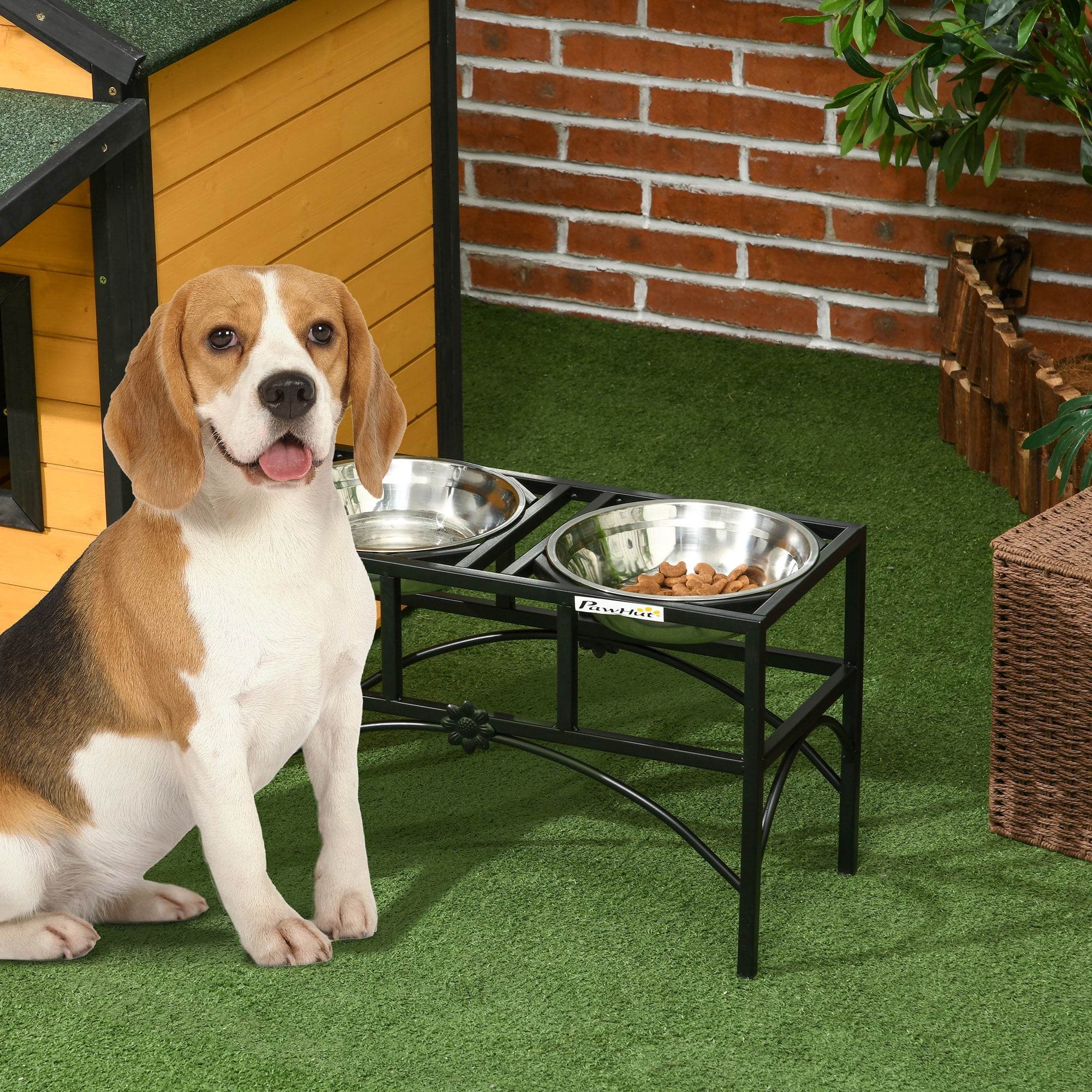 PawHut 22'' Elevated Black Iron Dog Feeding Station with Stainless Steel Bowls