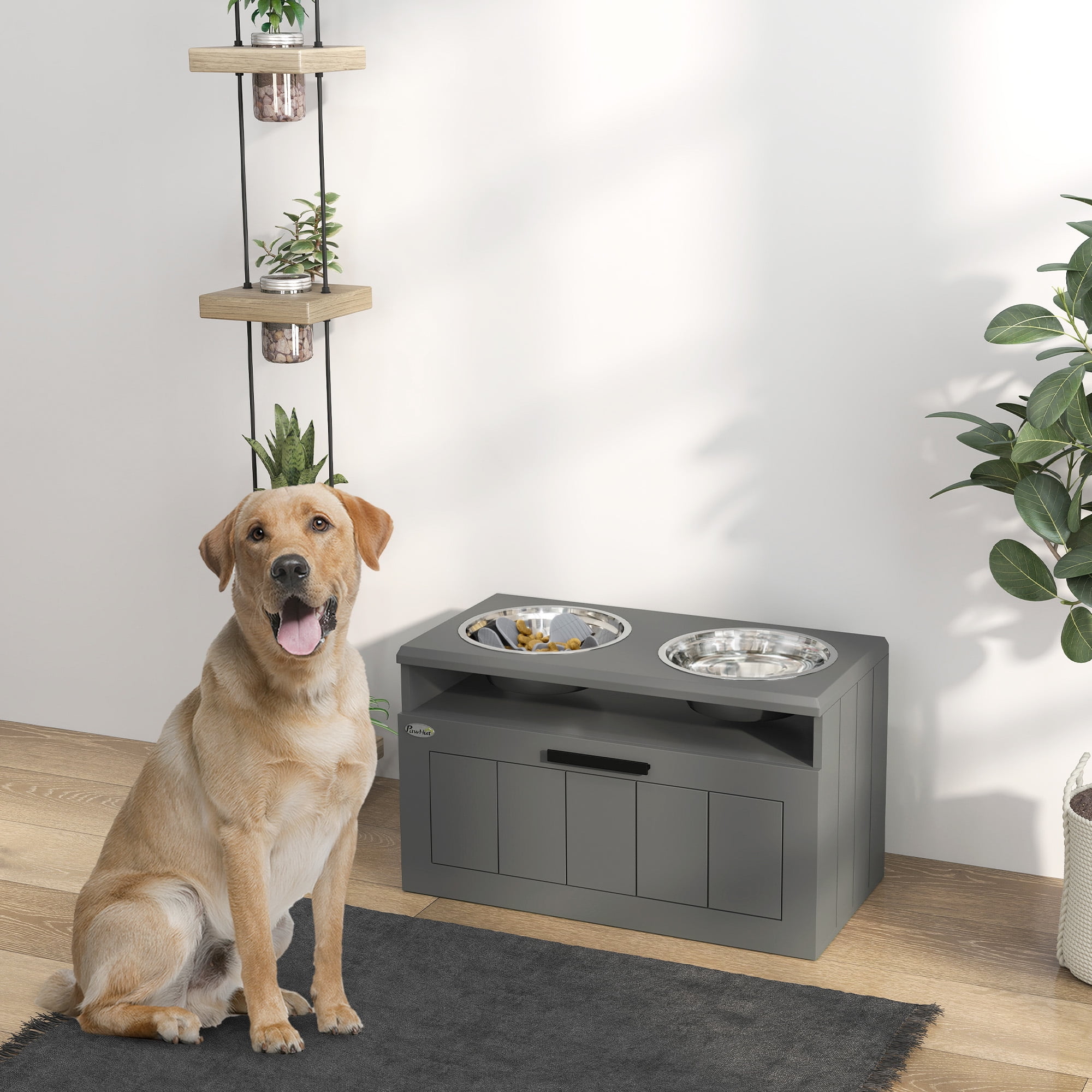 PawHut Elevated Dog Bowls, Raised Dogs Bowl Stand with 2 Stainless Steel Bowls, 25L Storage Drawer and Slow Feeder Mat